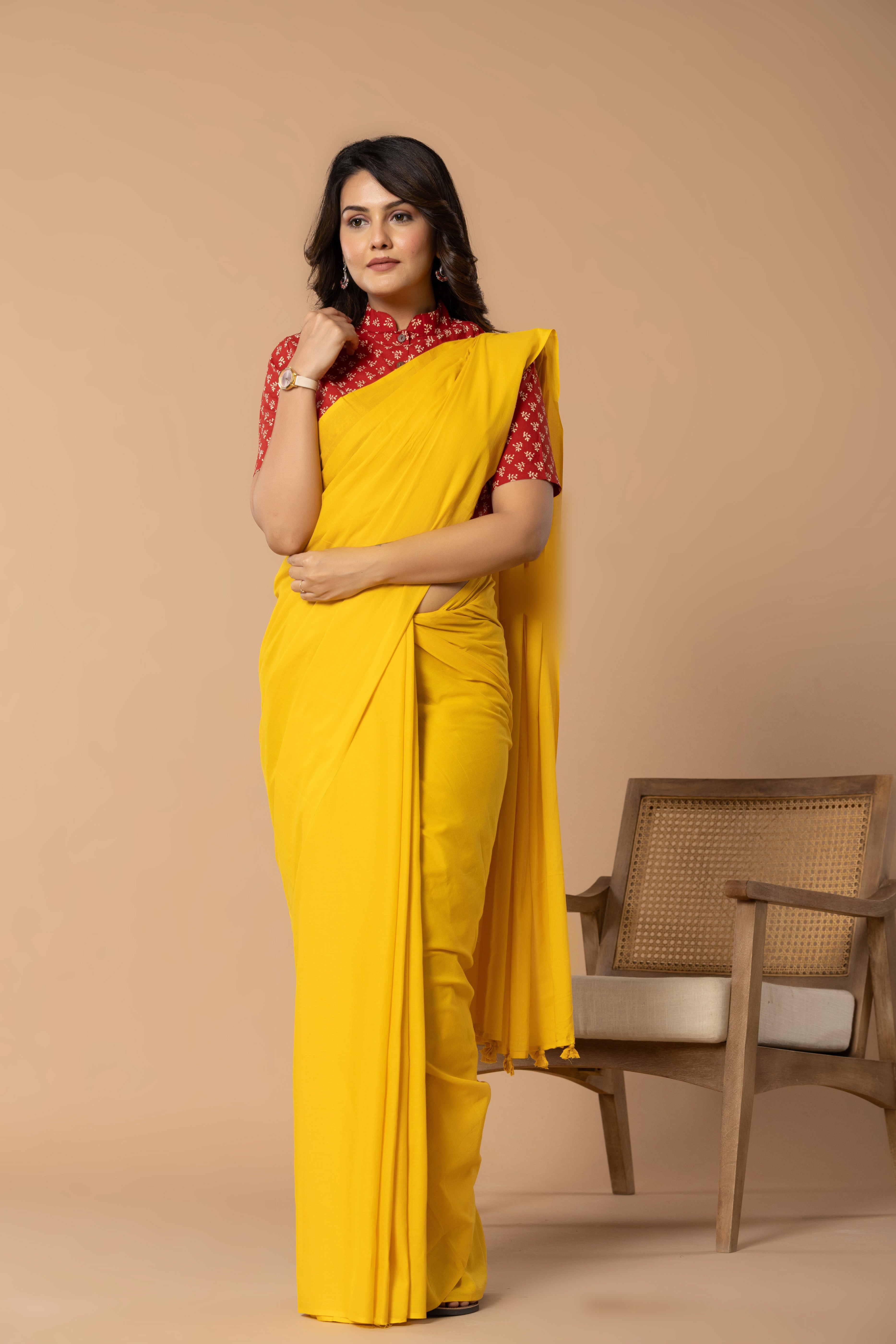 Sunshine Yellow Plain Dyed Mul Mul Cotton Saree with Tassels (without Blouse)