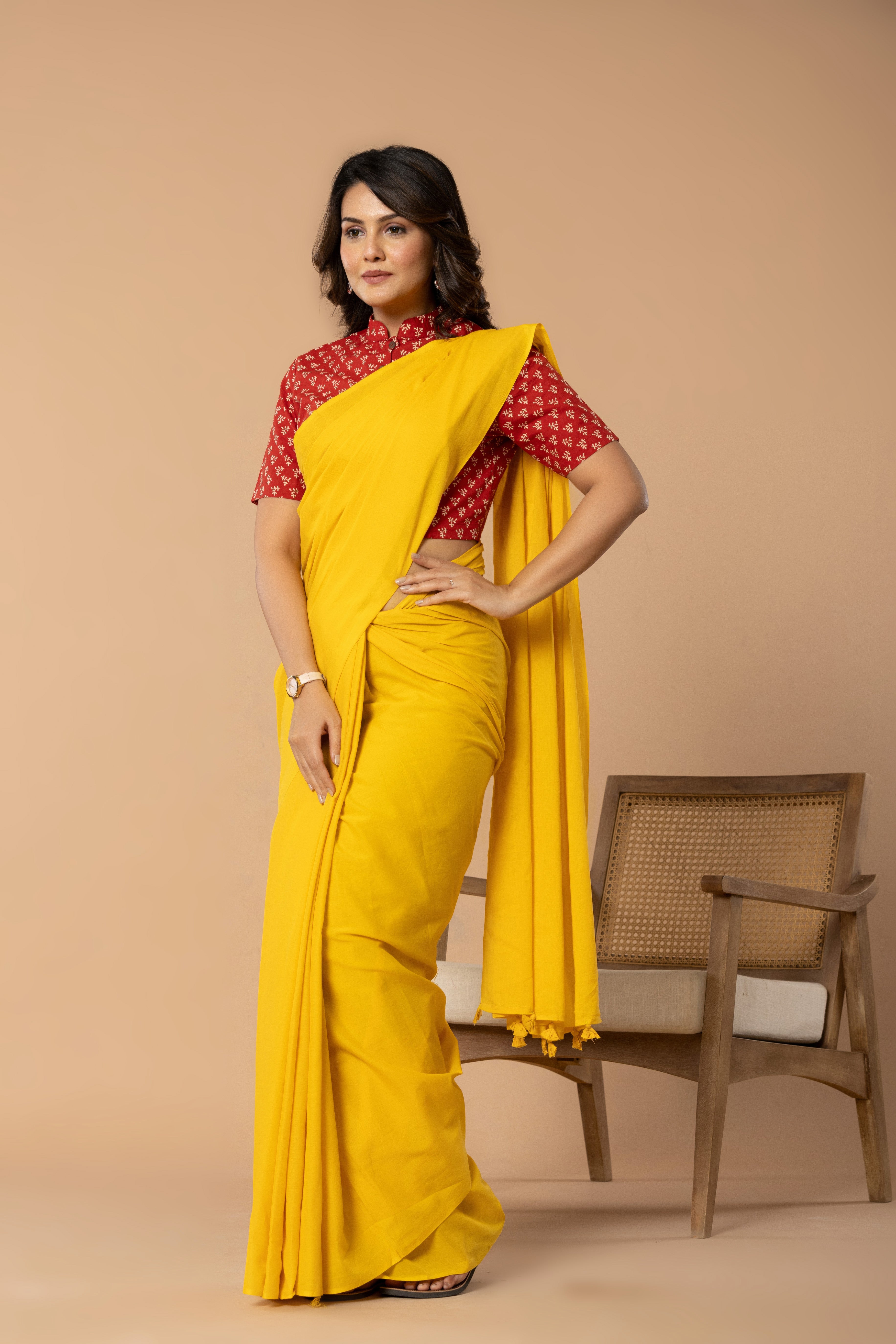 Sunshine Yellow Plain Dyed Mul Mul Cotton Saree with Tassels (without Blouse)