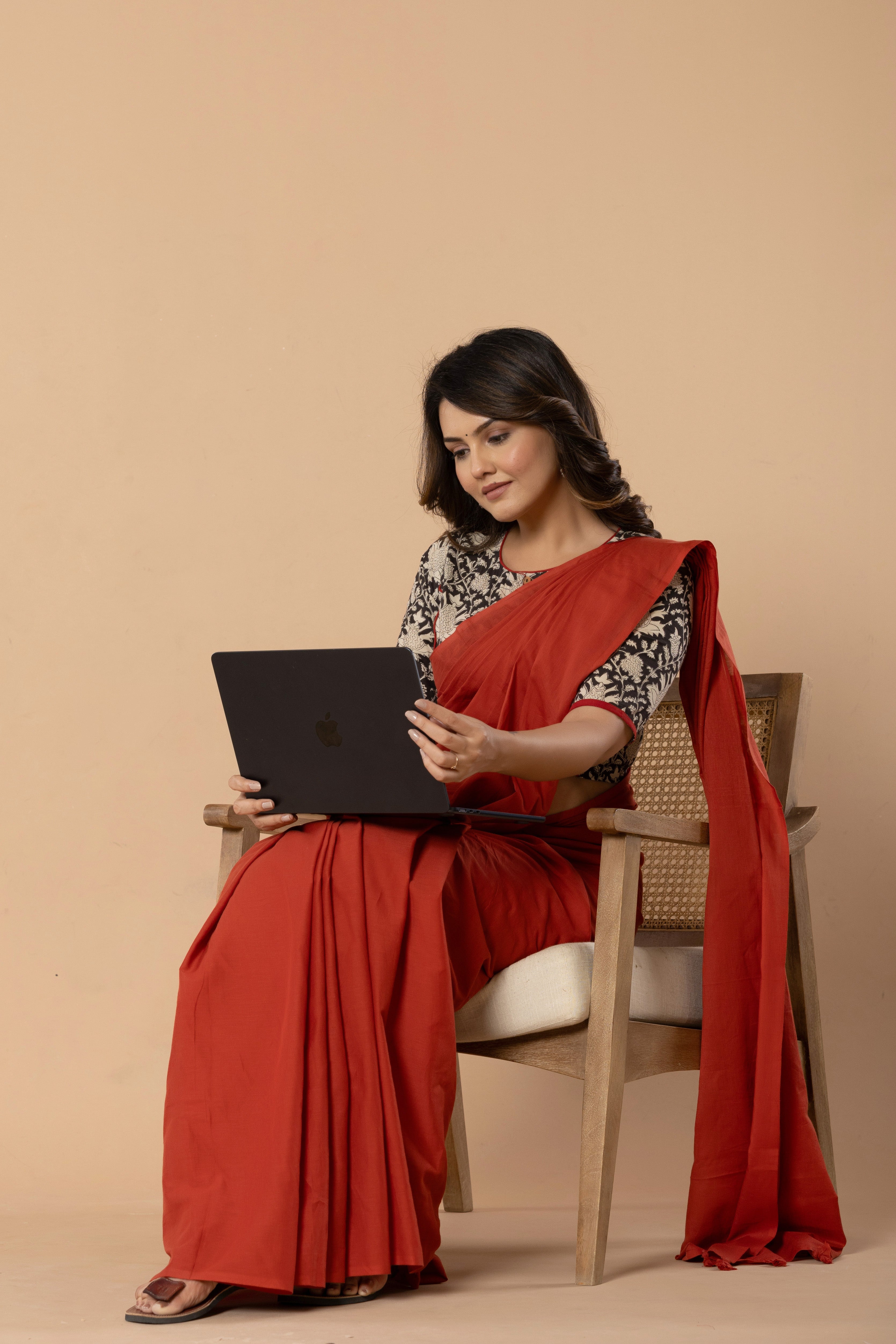 Brick Red Plain Dyed Mul Mul Cotton Saree with Tassels (without Blouse)