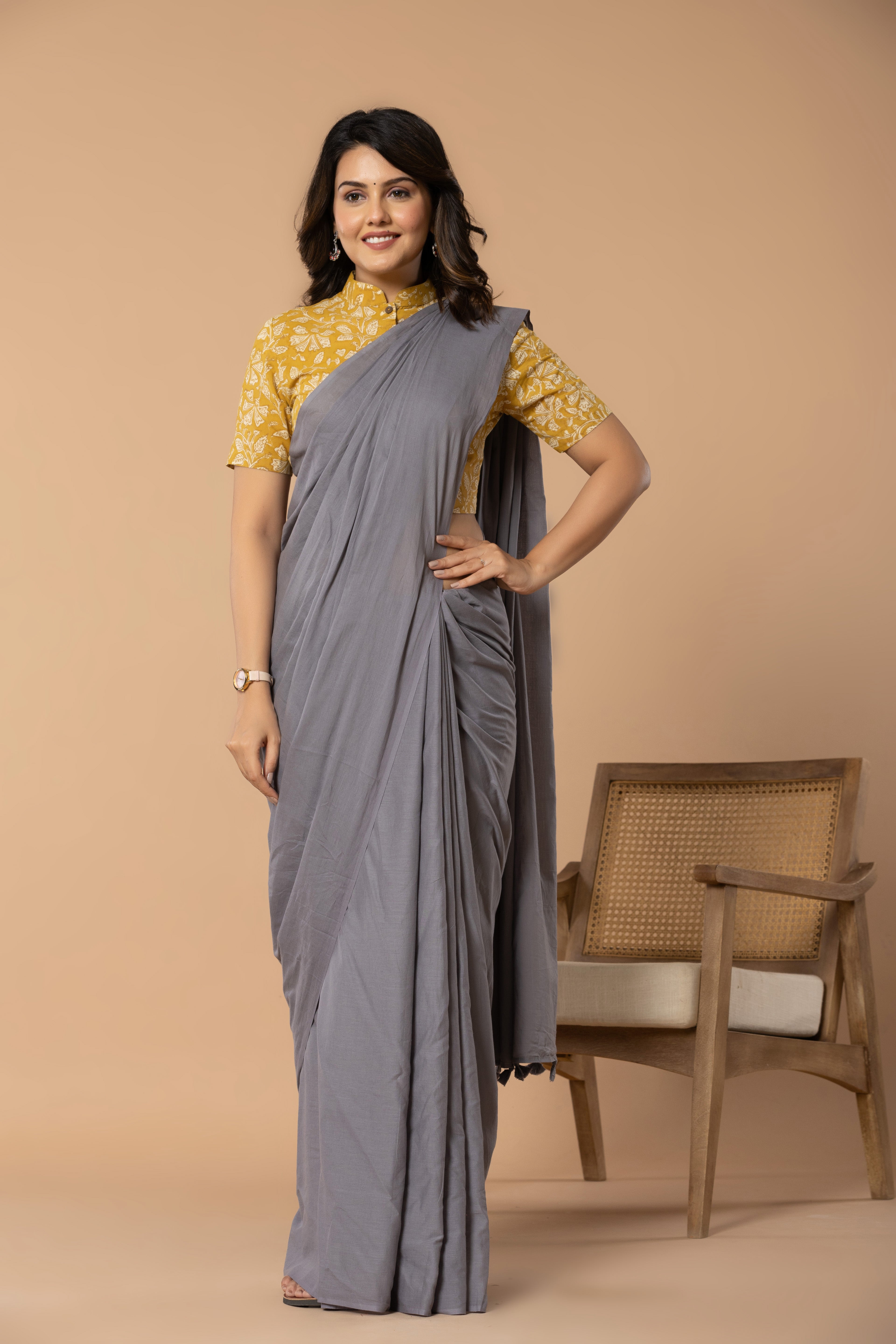 Steel Grey Plain Dyed Mul Mul Cotton Saree with Tassels (without Blouse)