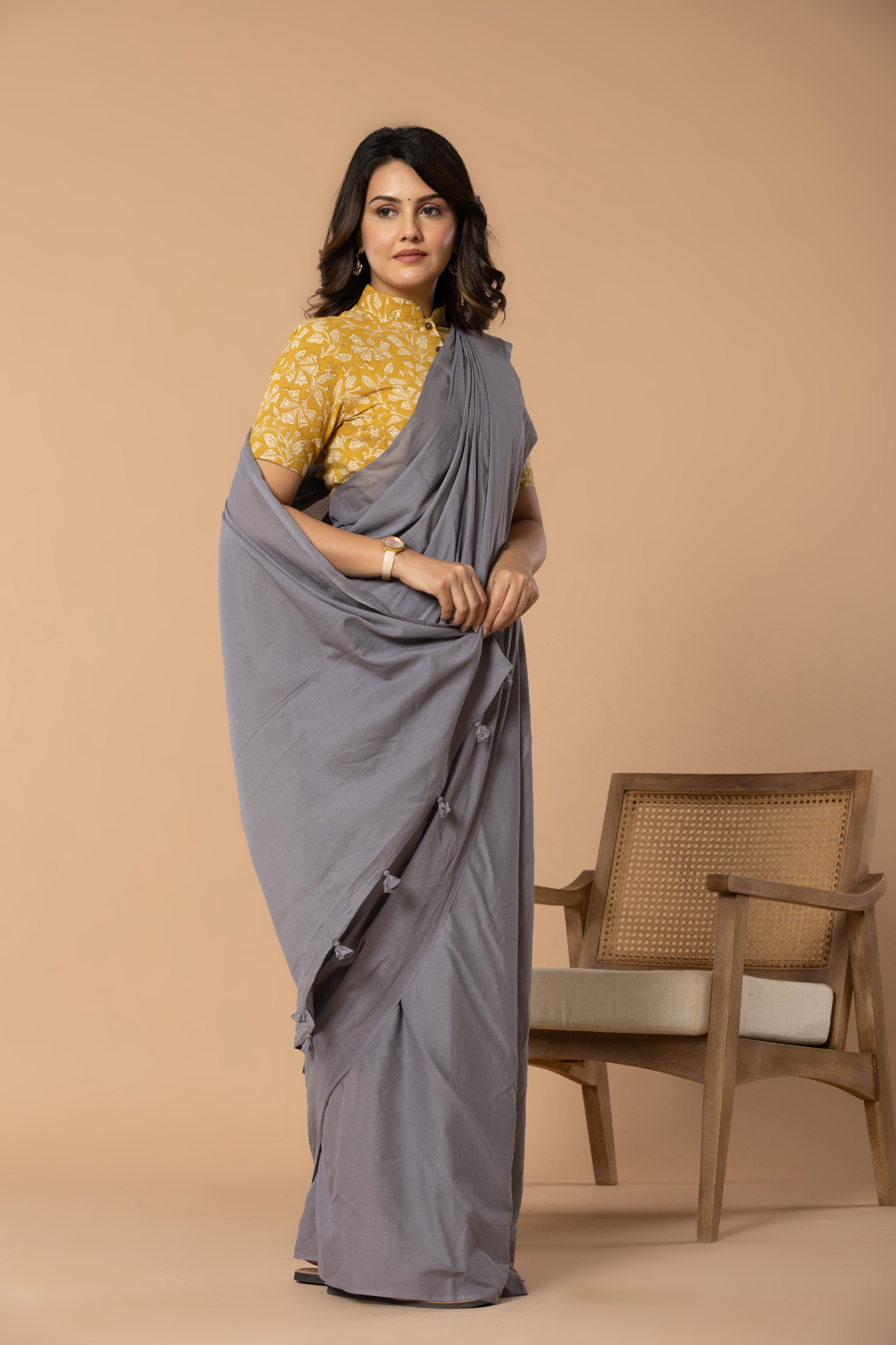 Steel Grey Plain Dyed Mul Mul Cotton Saree with Tassels (without Blouse)