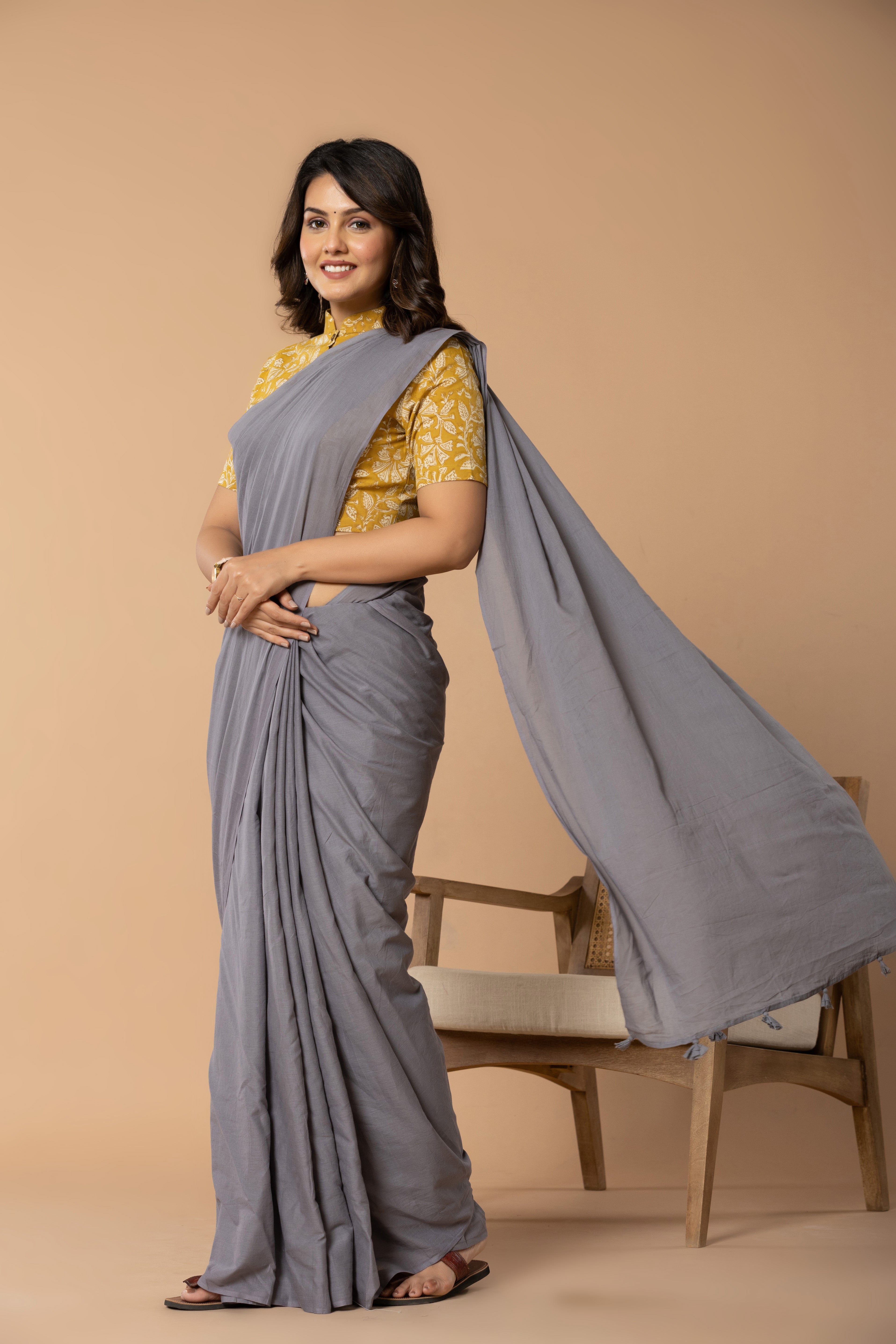 Steel Grey Plain Dyed Mul Mul Cotton Saree with Tassels (without Blouse)