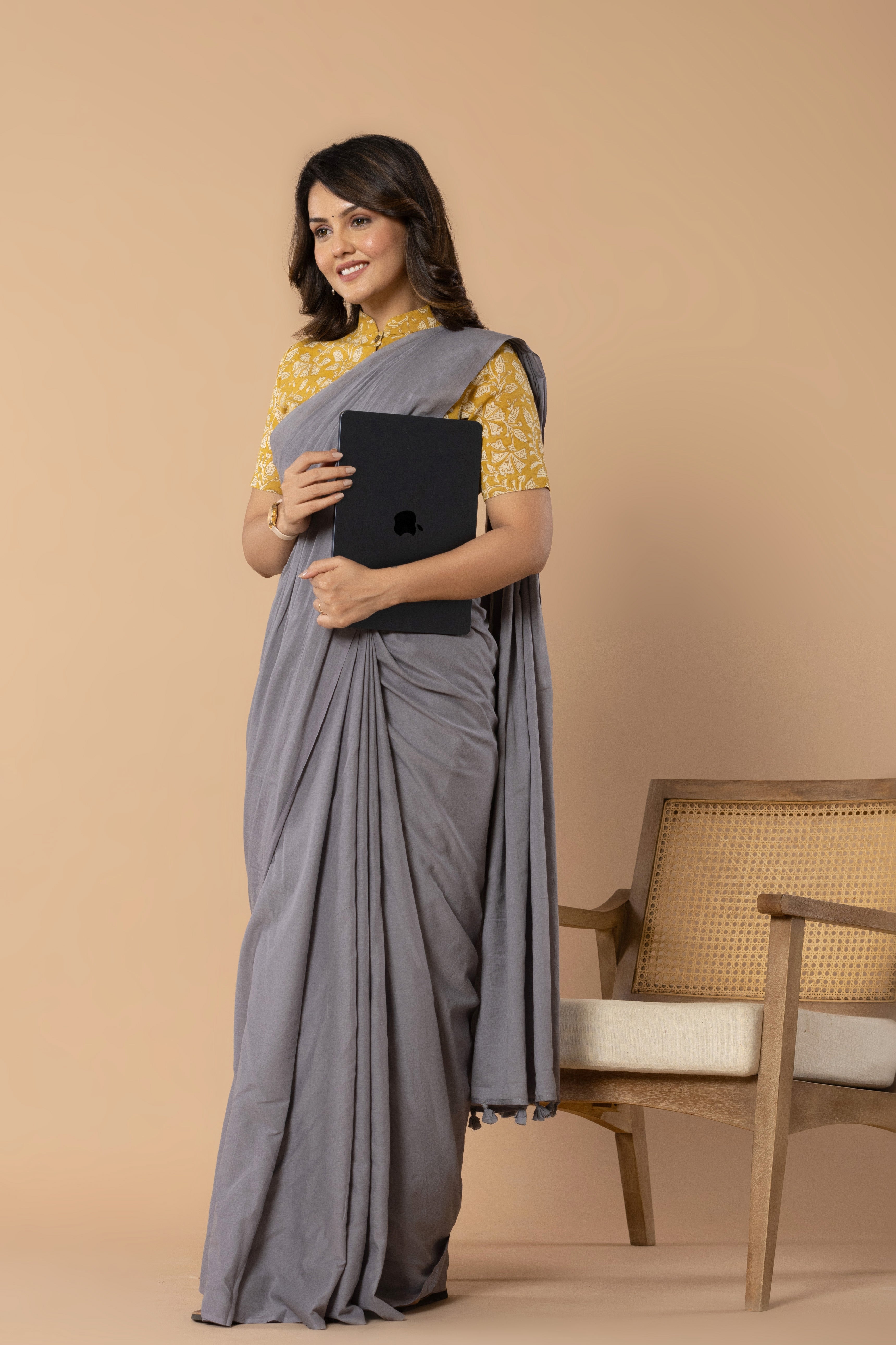 Steel Grey Plain Dyed Mul Mul Cotton Saree with Tassels (without Blouse)