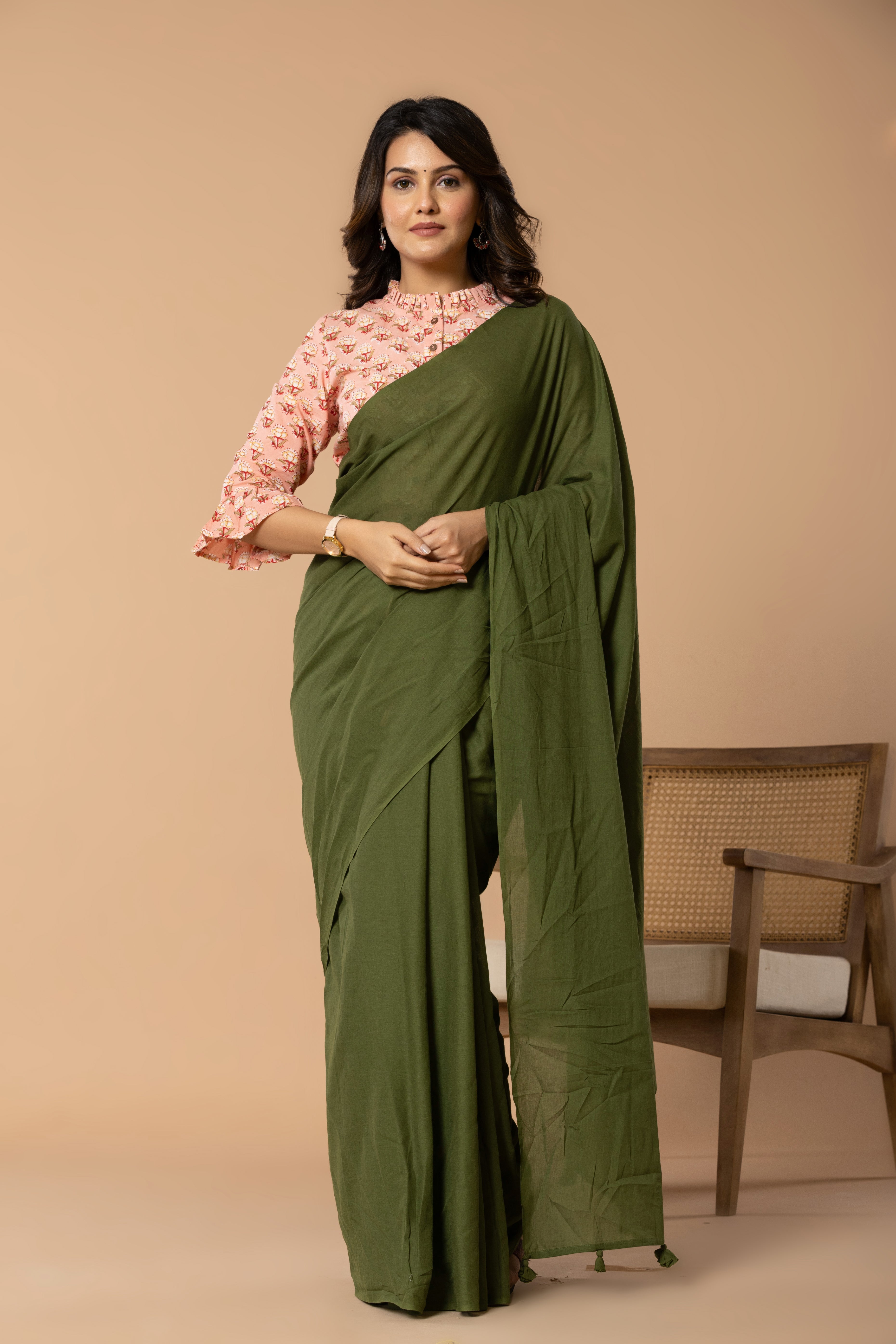 Mehendi Green Plain Dyed Mul Mul Cotton Saree with Tassels (without Blouse)