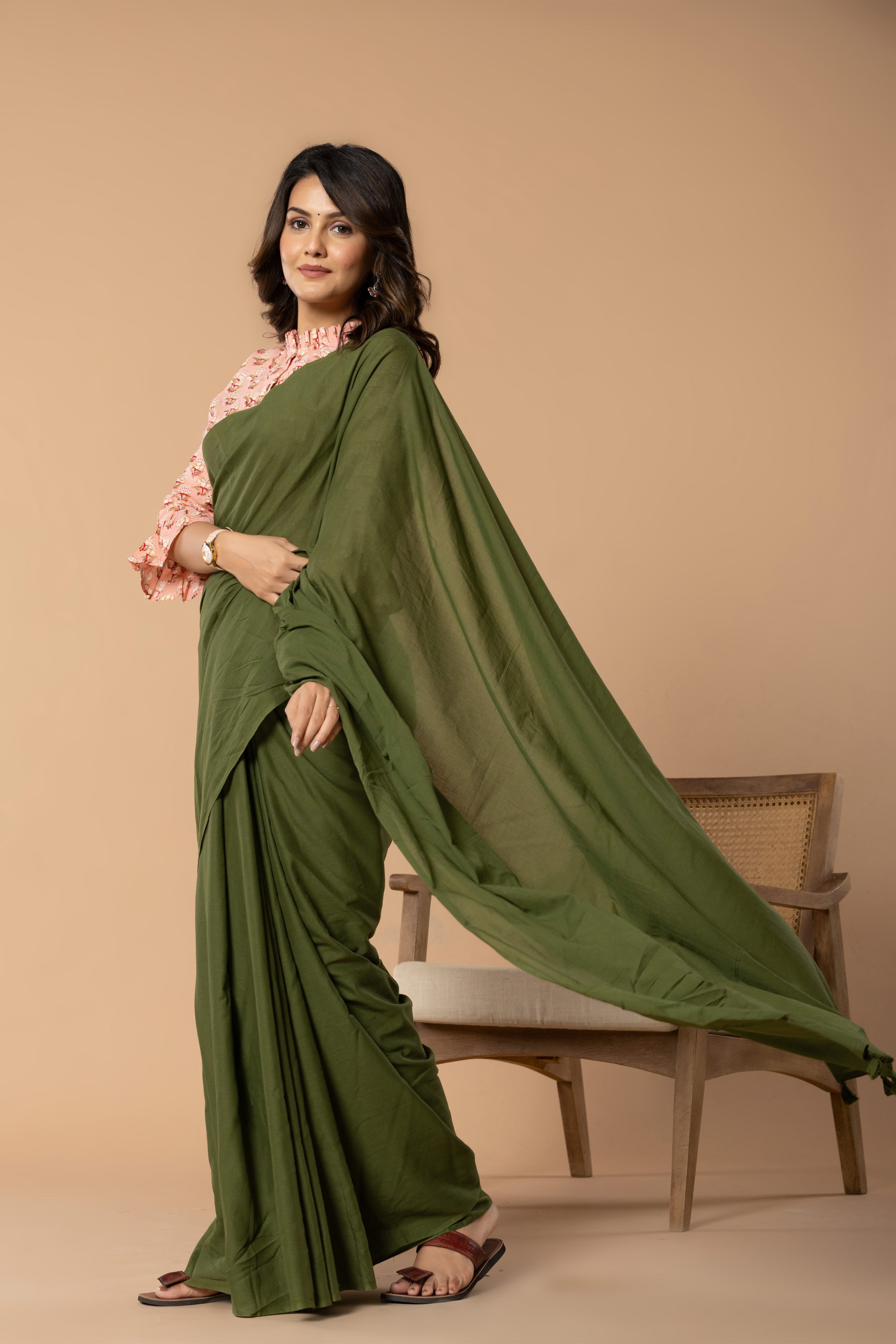 Mehendi Green Plain Dyed Mul Mul Cotton Saree with Tassels (without Blouse)