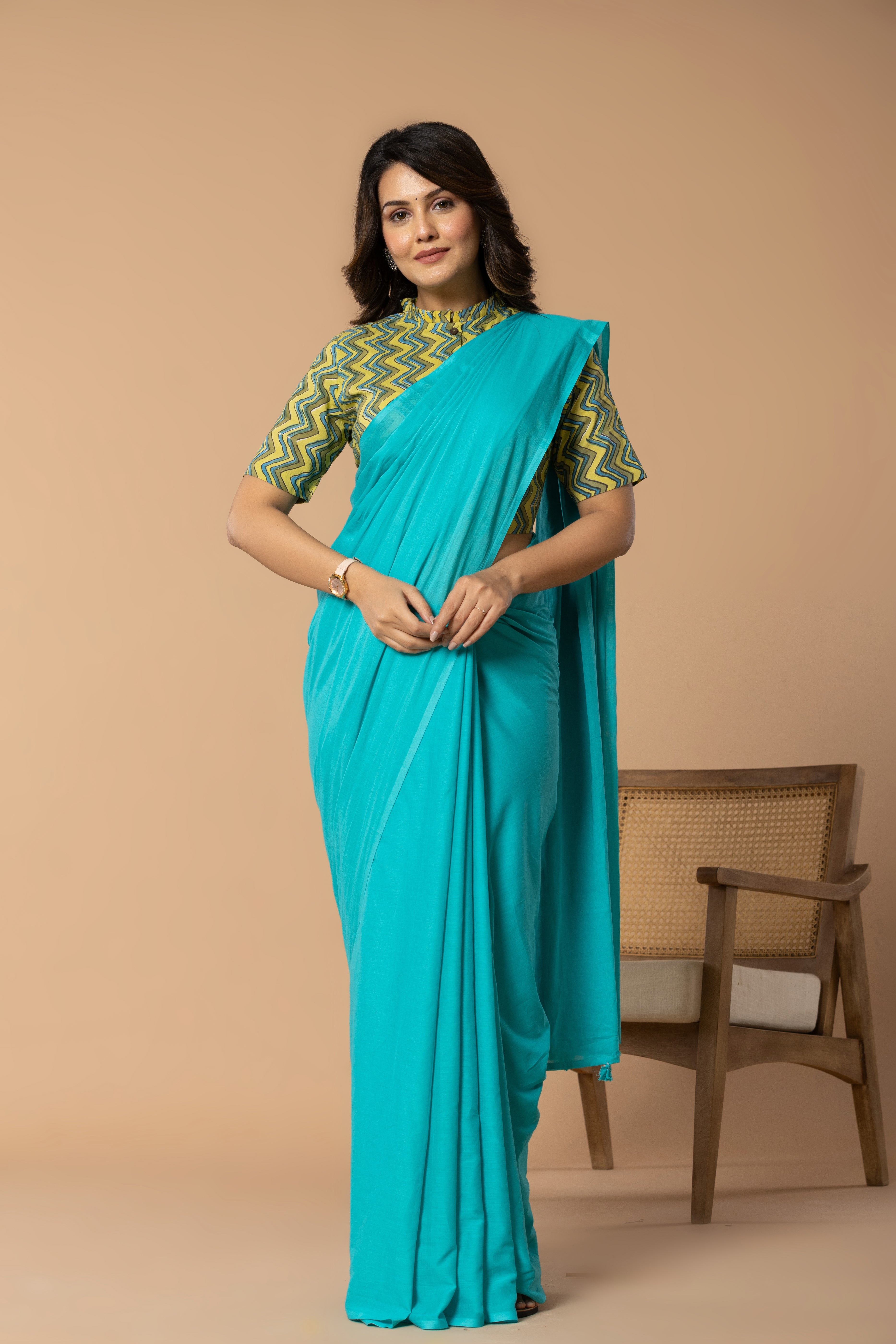 Aqua Blue Plain Dyed Mul Mul Cotton Saree with Tassels (without Blouse)