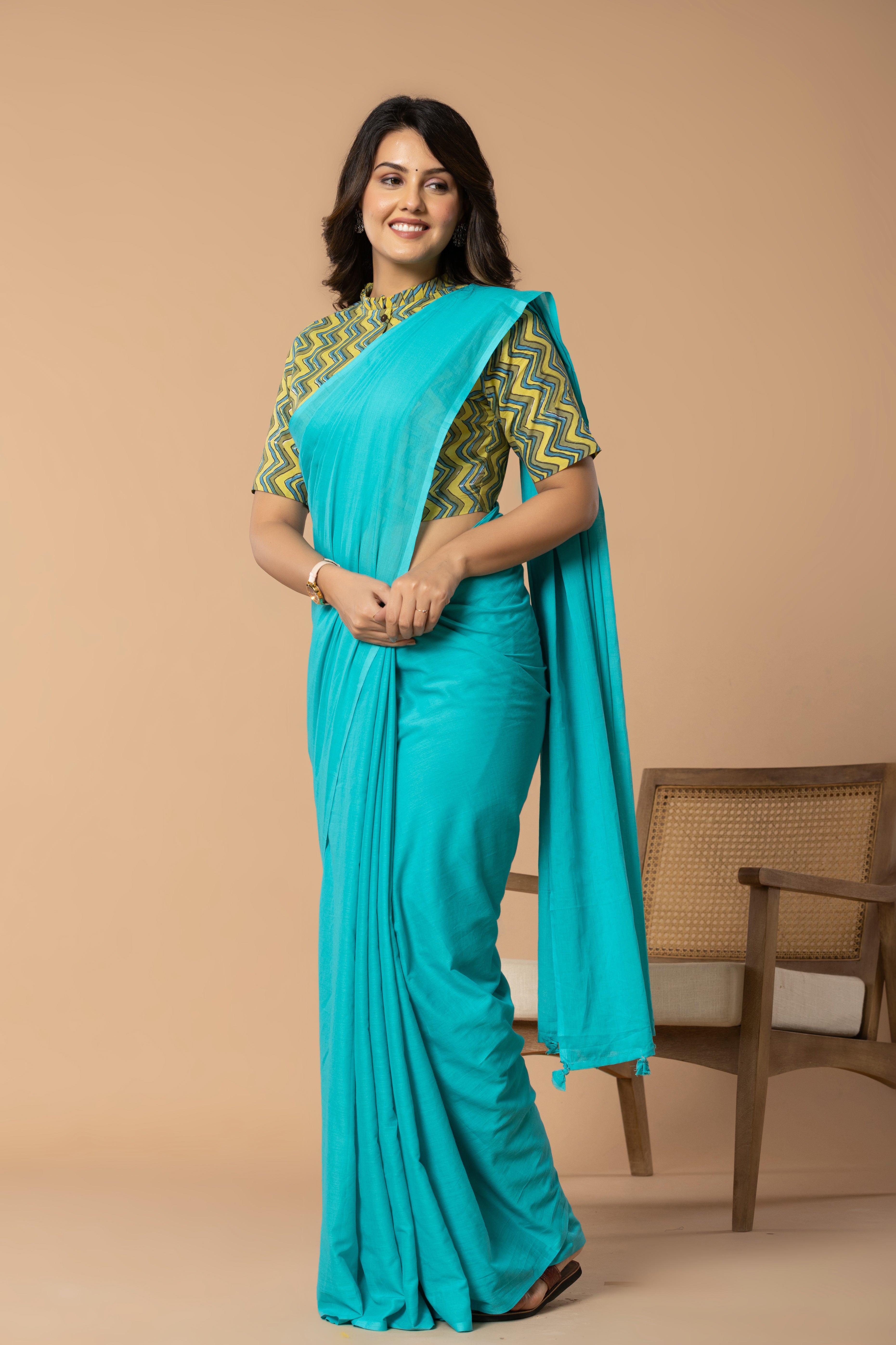 Aqua Blue Plain Dyed Mul Mul Cotton Saree with Tassels (without Blouse)