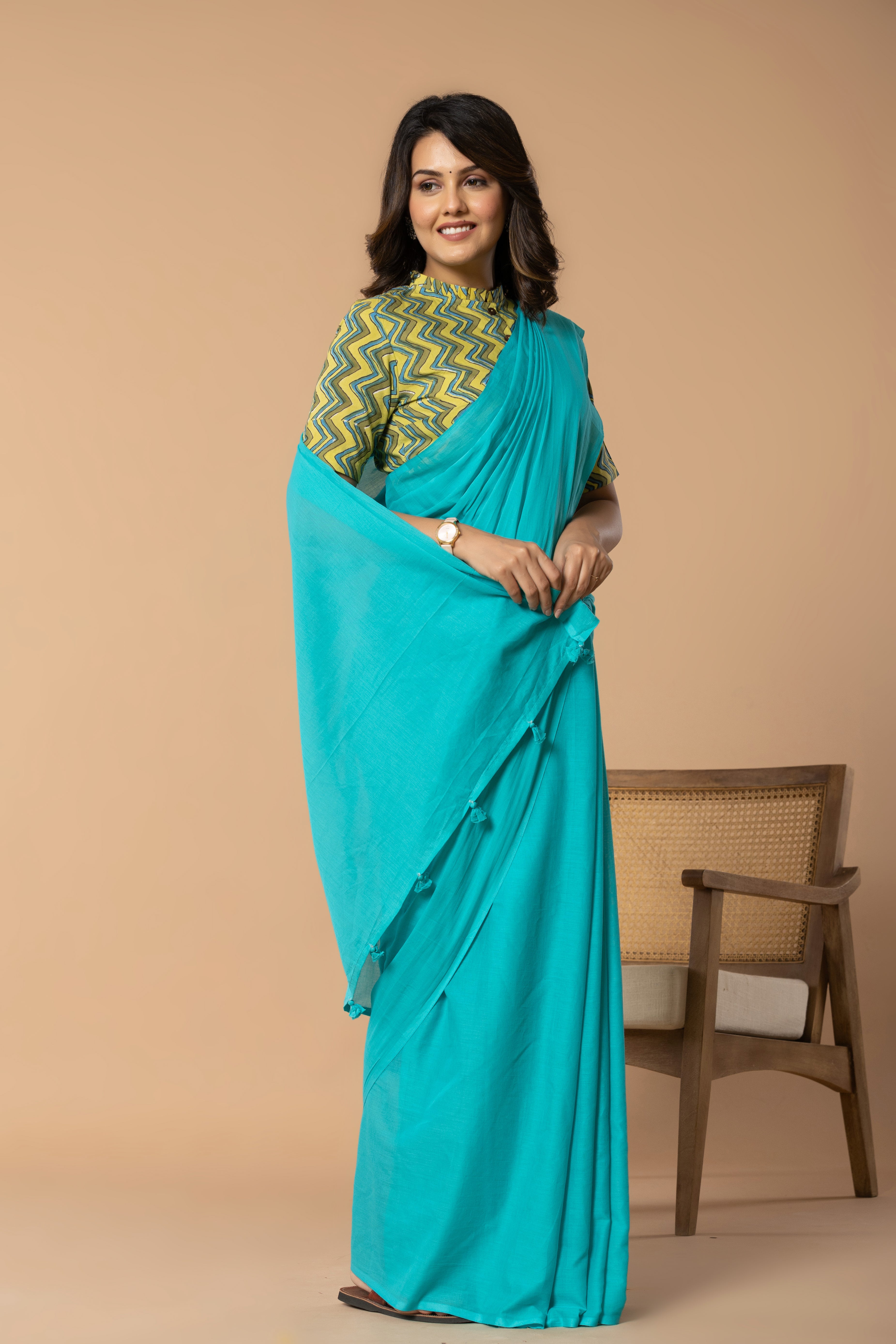 Aqua Blue Plain Dyed Mul Mul Cotton Saree with Tassels (without Blouse)