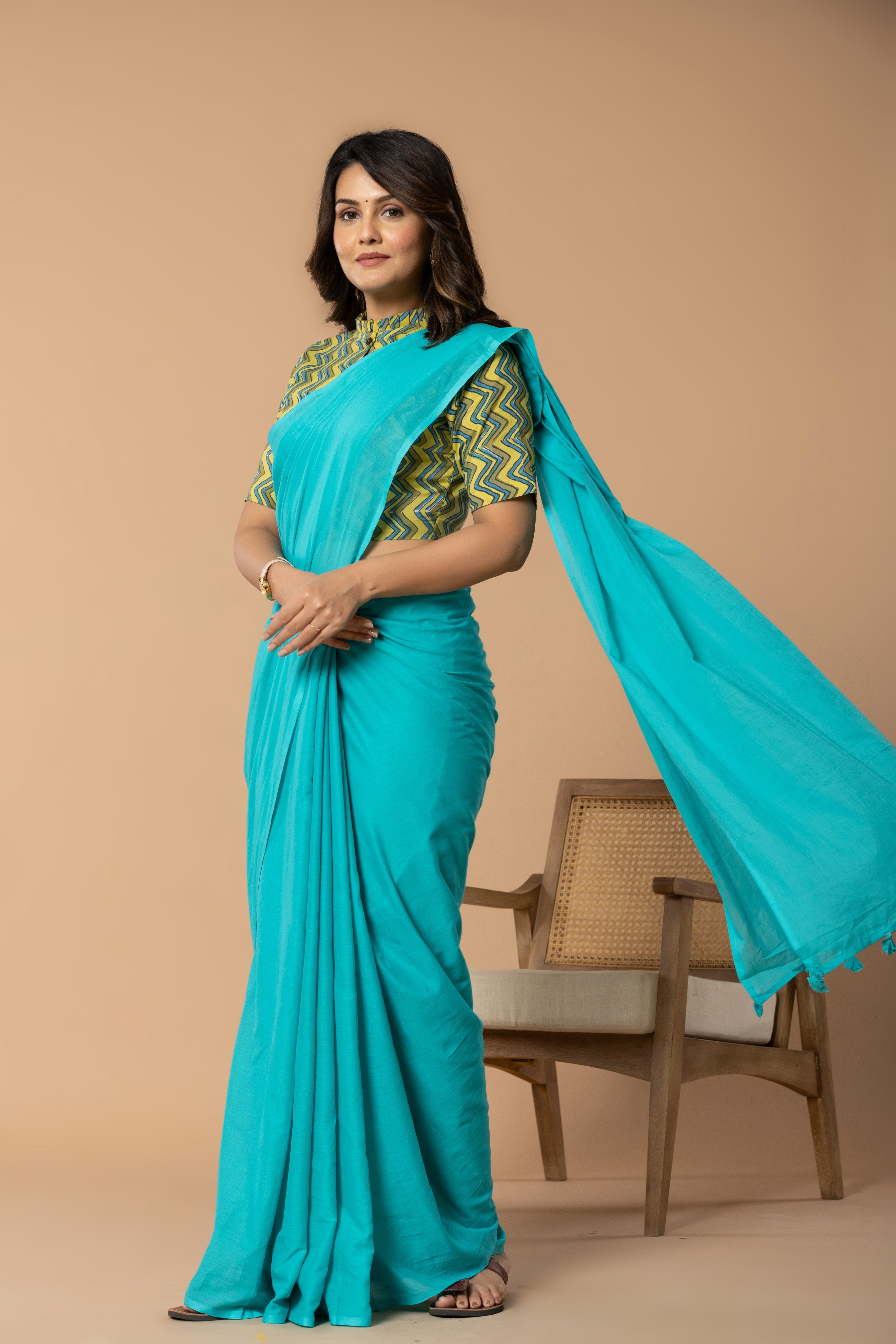 Aqua Blue Plain Dyed Mul Mul Cotton Saree with Tassels (without Blouse)