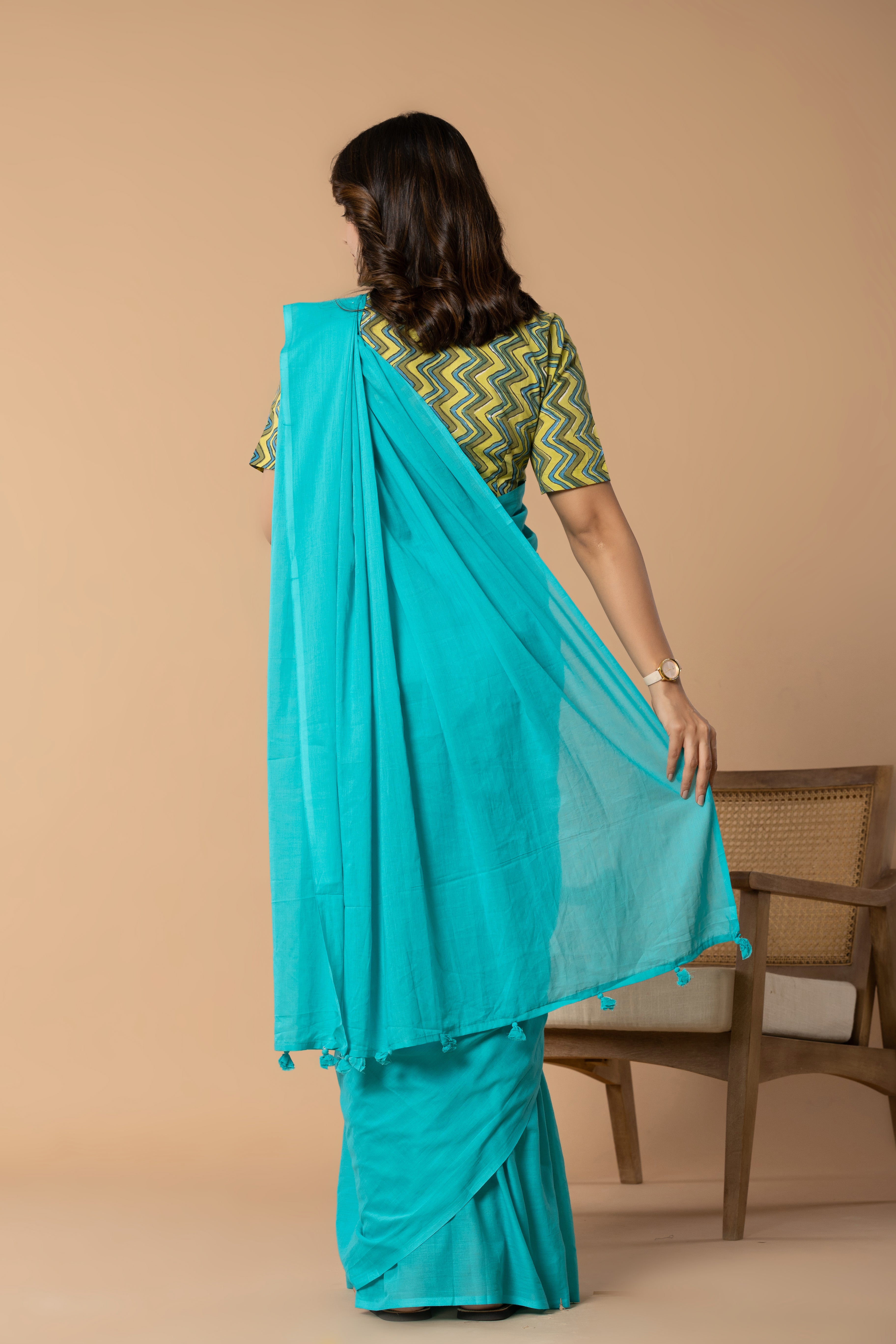 Aqua Blue Plain Dyed Mul Mul Cotton Saree with Tassels (without Blouse)