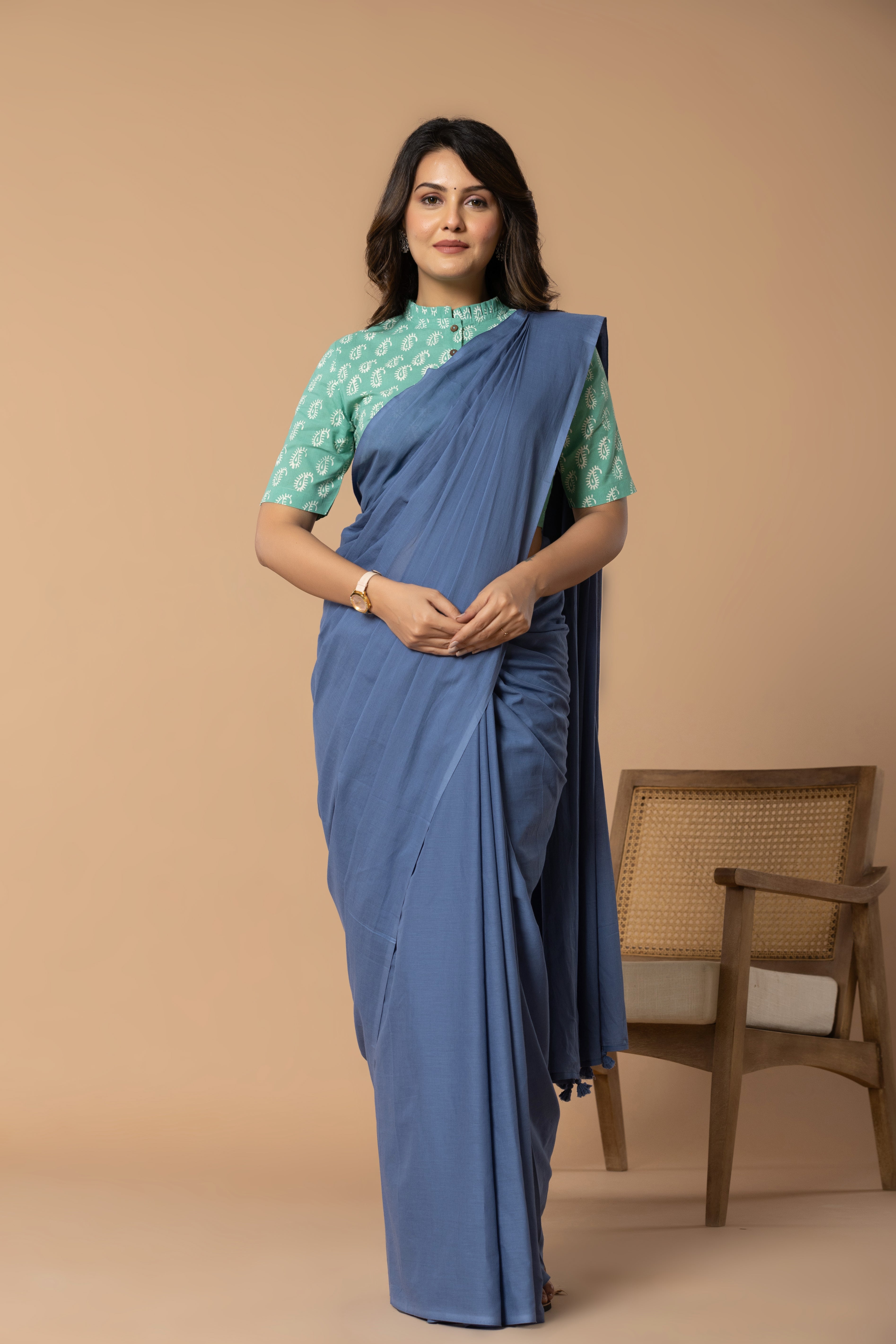 Rustic Blue Plain Dyed Mul Mul Cotton Saree with Tassels (without Blouse)