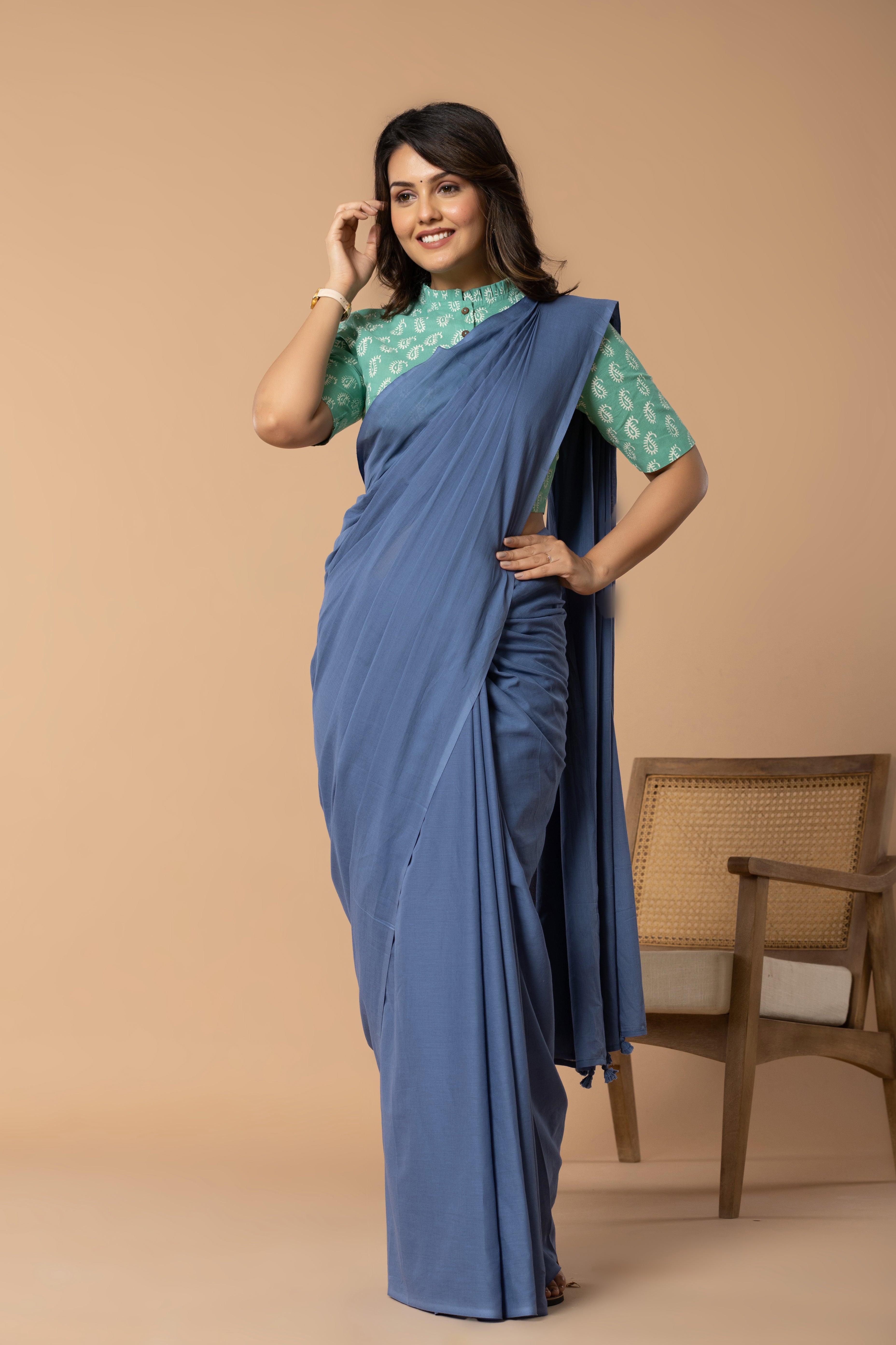 Rustic Blue Plain Dyed Mul Mul Cotton Saree with Tassels (without Blouse)