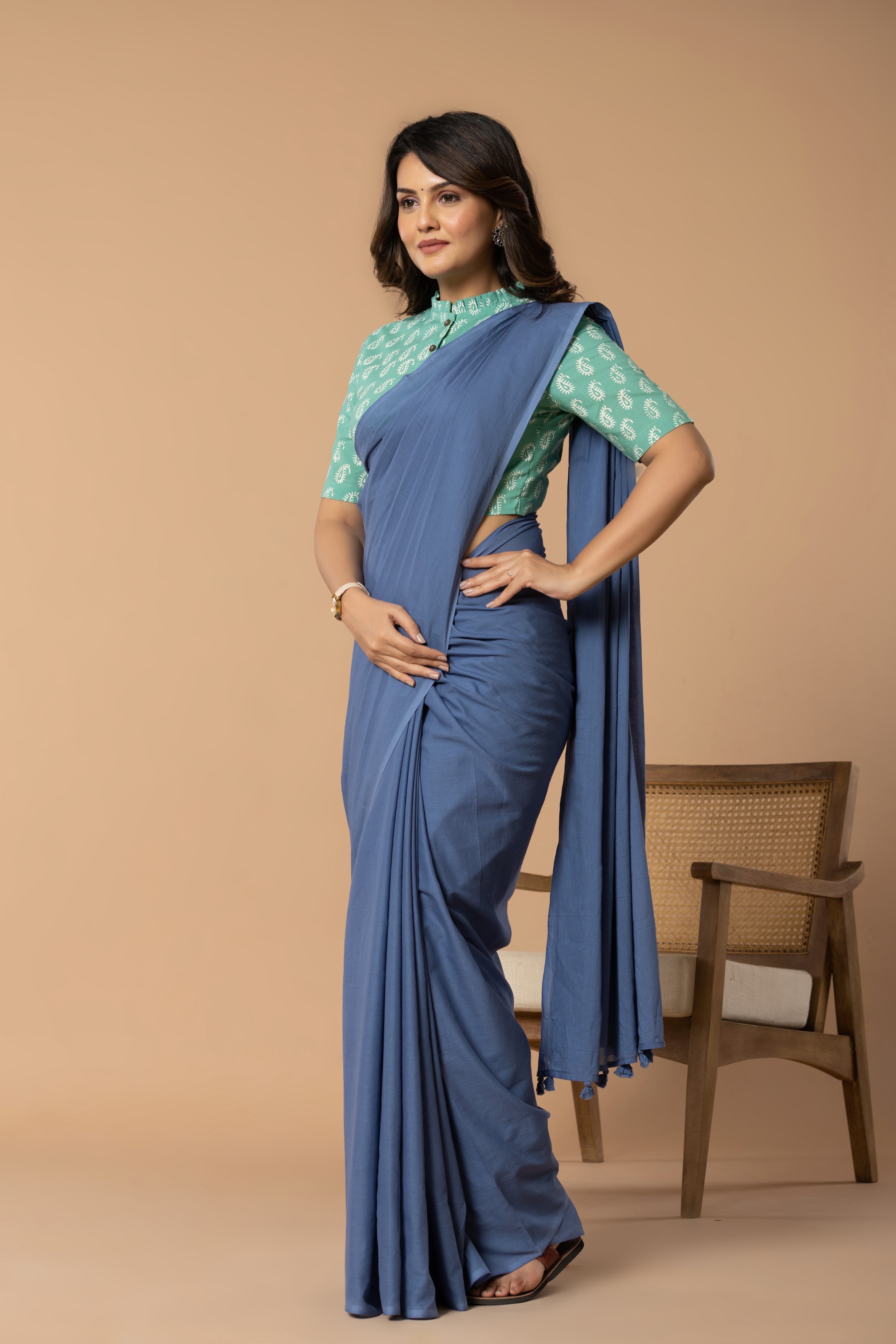 Rustic Blue Plain Dyed Mul Mul Cotton Saree with Tassels (without Blouse)