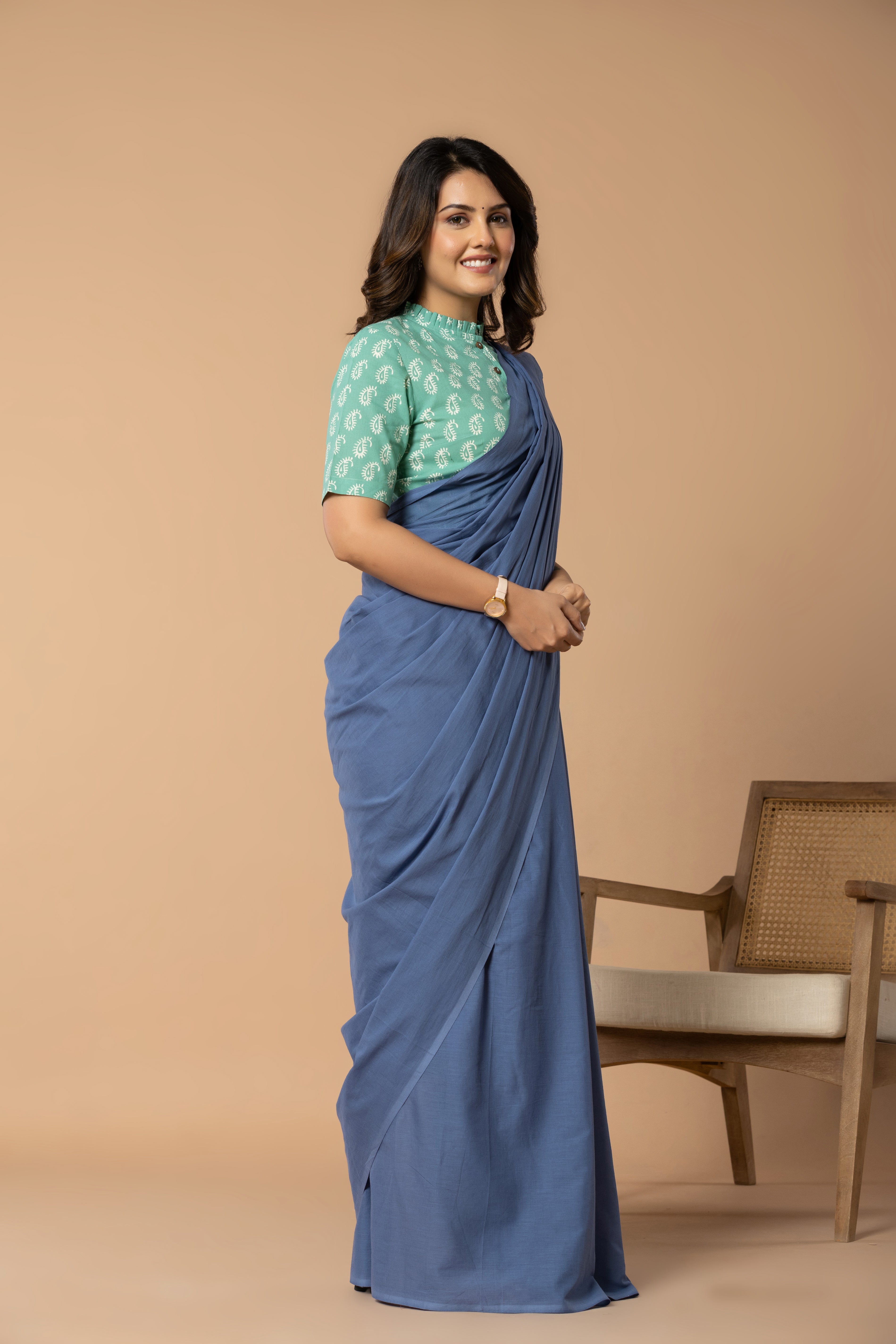 Rustic Blue Plain Dyed Mul Mul Cotton Saree with Tassels (without Blouse)