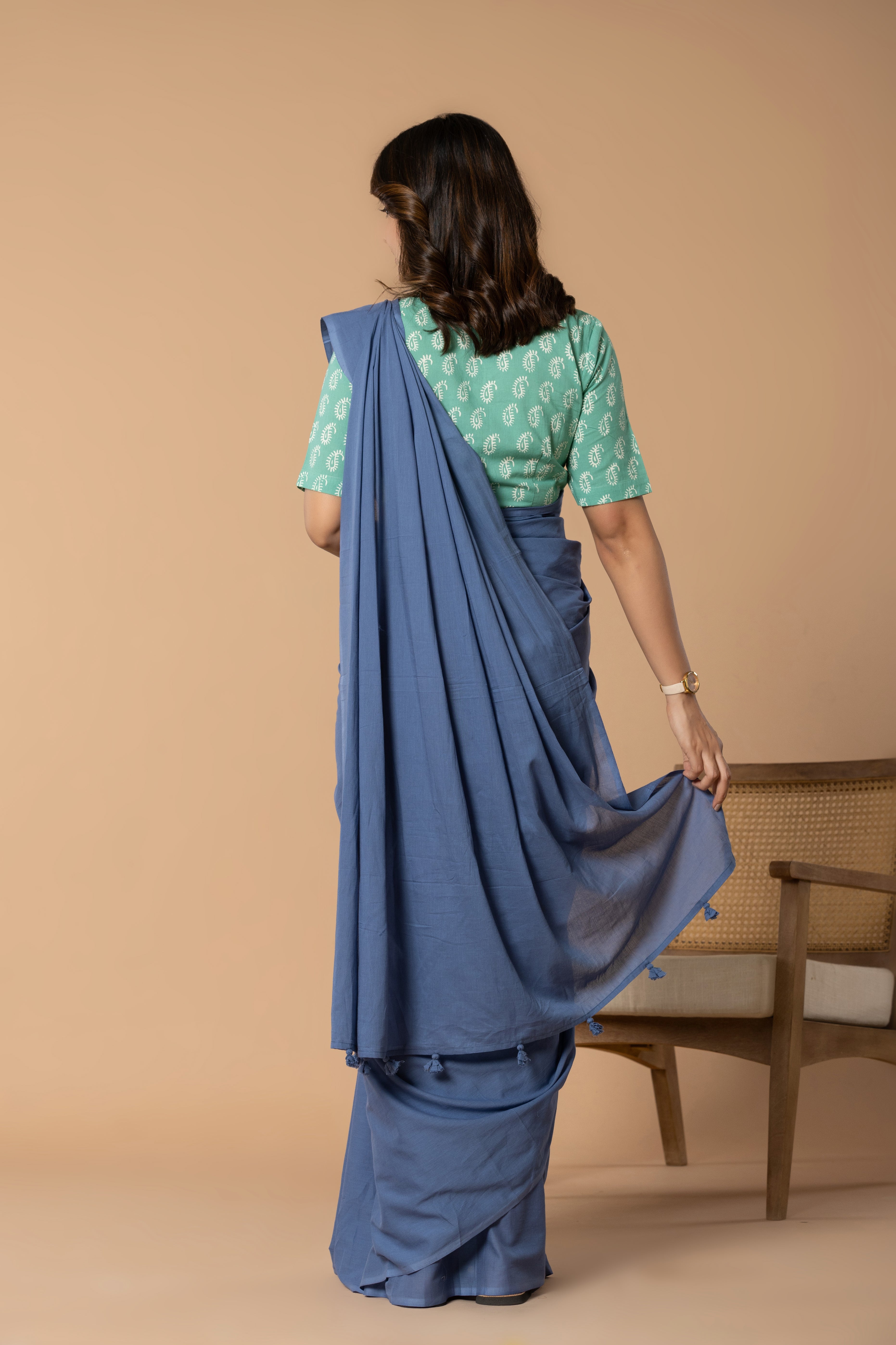 Rustic Blue Plain Dyed Mul Mul Cotton Saree with Tassels (without Blouse)