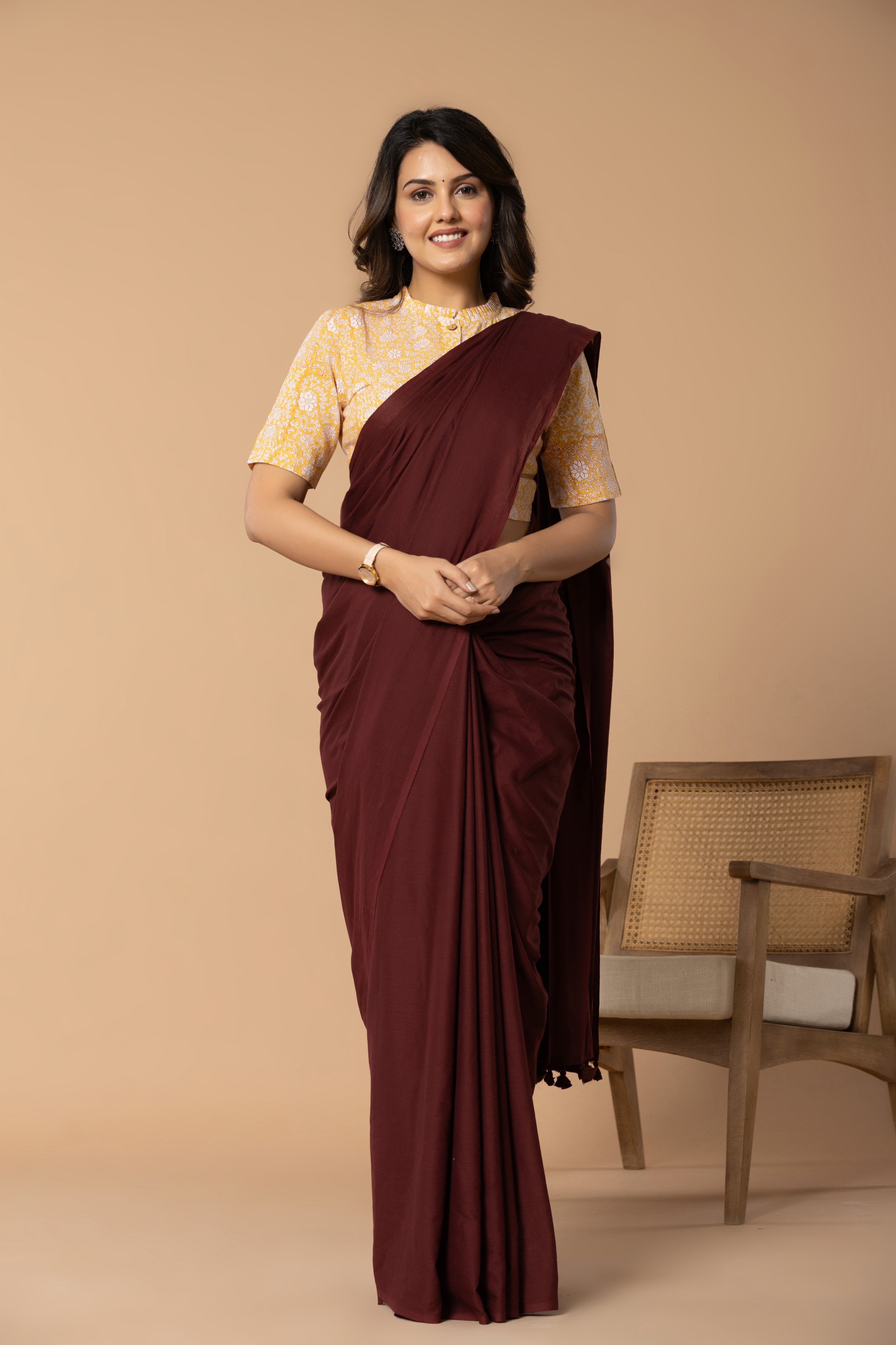 Maroon Plain Dyed Mul Mul Cotton Saree with Tassels (without Blouse)