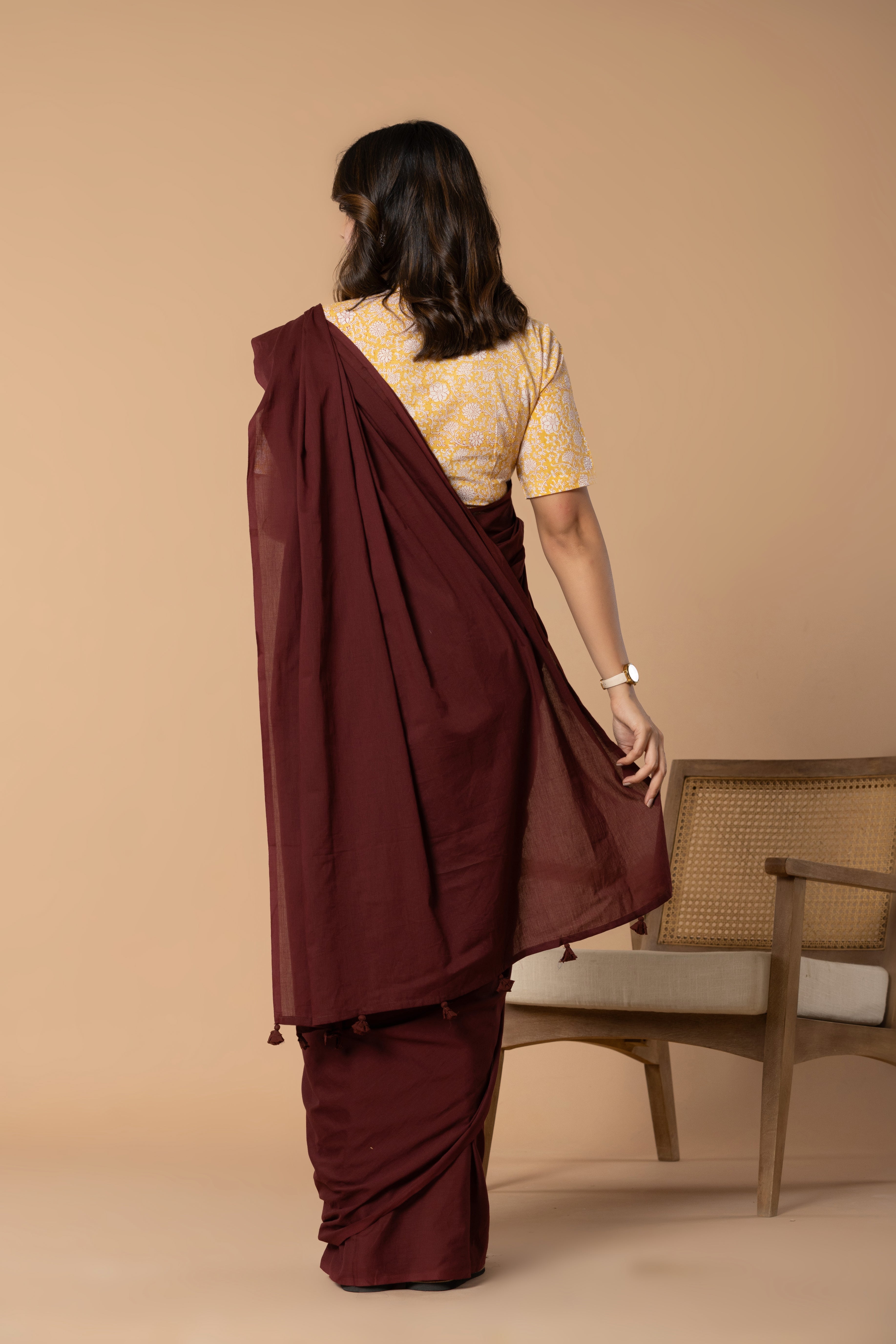 Maroon Plain Dyed Mul Mul Cotton Saree with Tassels (without Blouse)