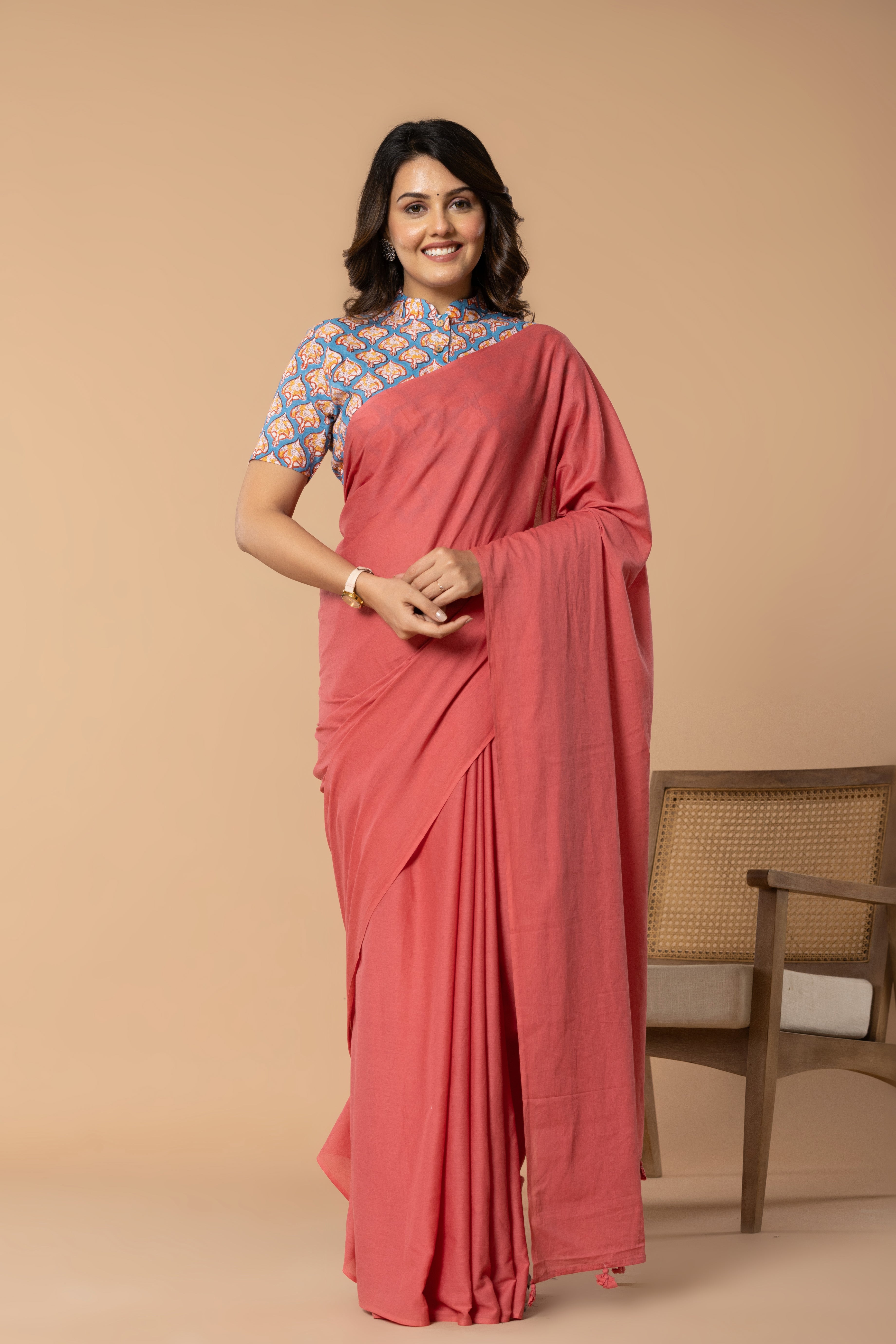 Coral Plain Dyed Mul Mul Cotton Saree with Tassels (without Blouse)