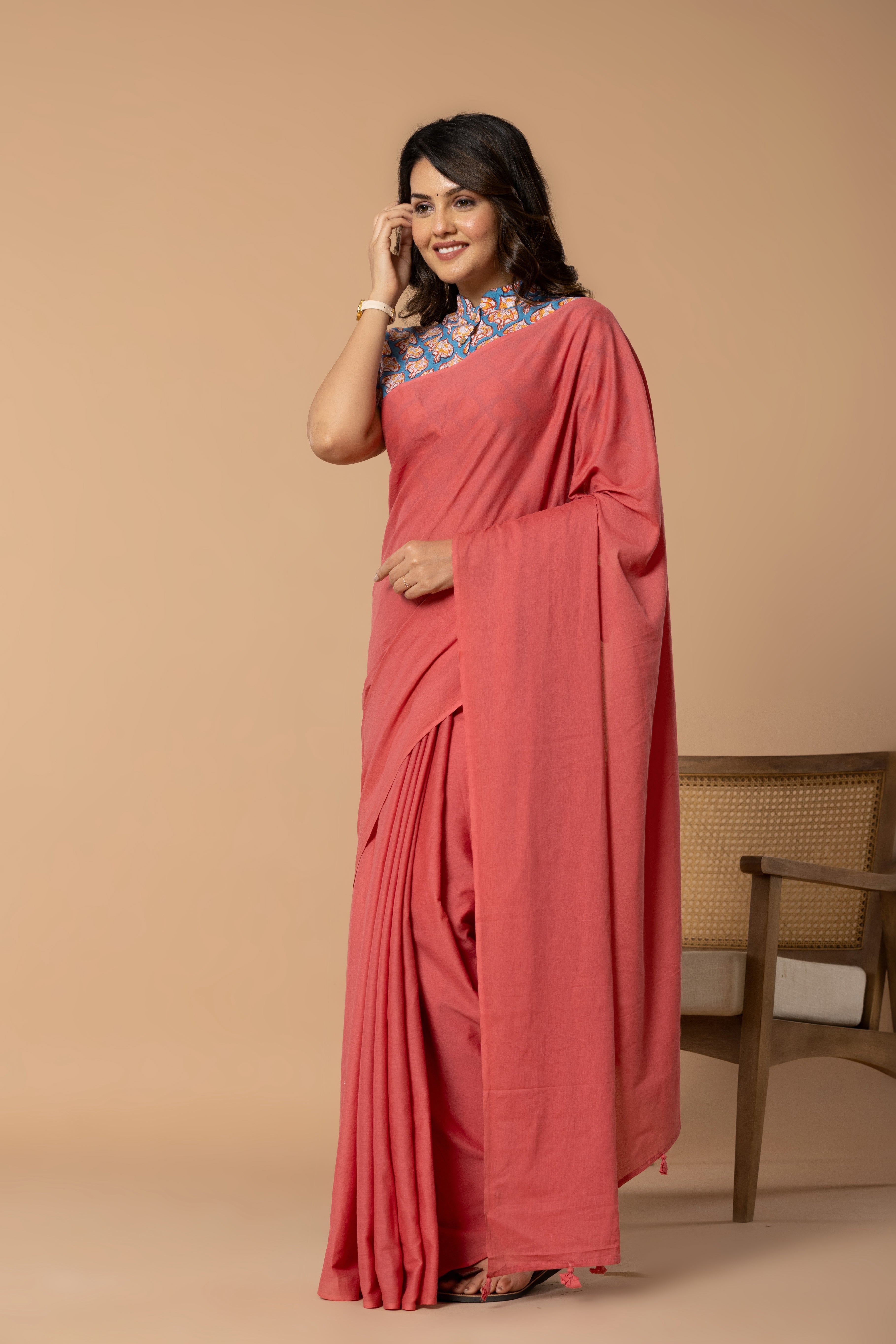 Coral Plain Dyed Mul Mul Cotton Saree with Tassels (without Blouse)