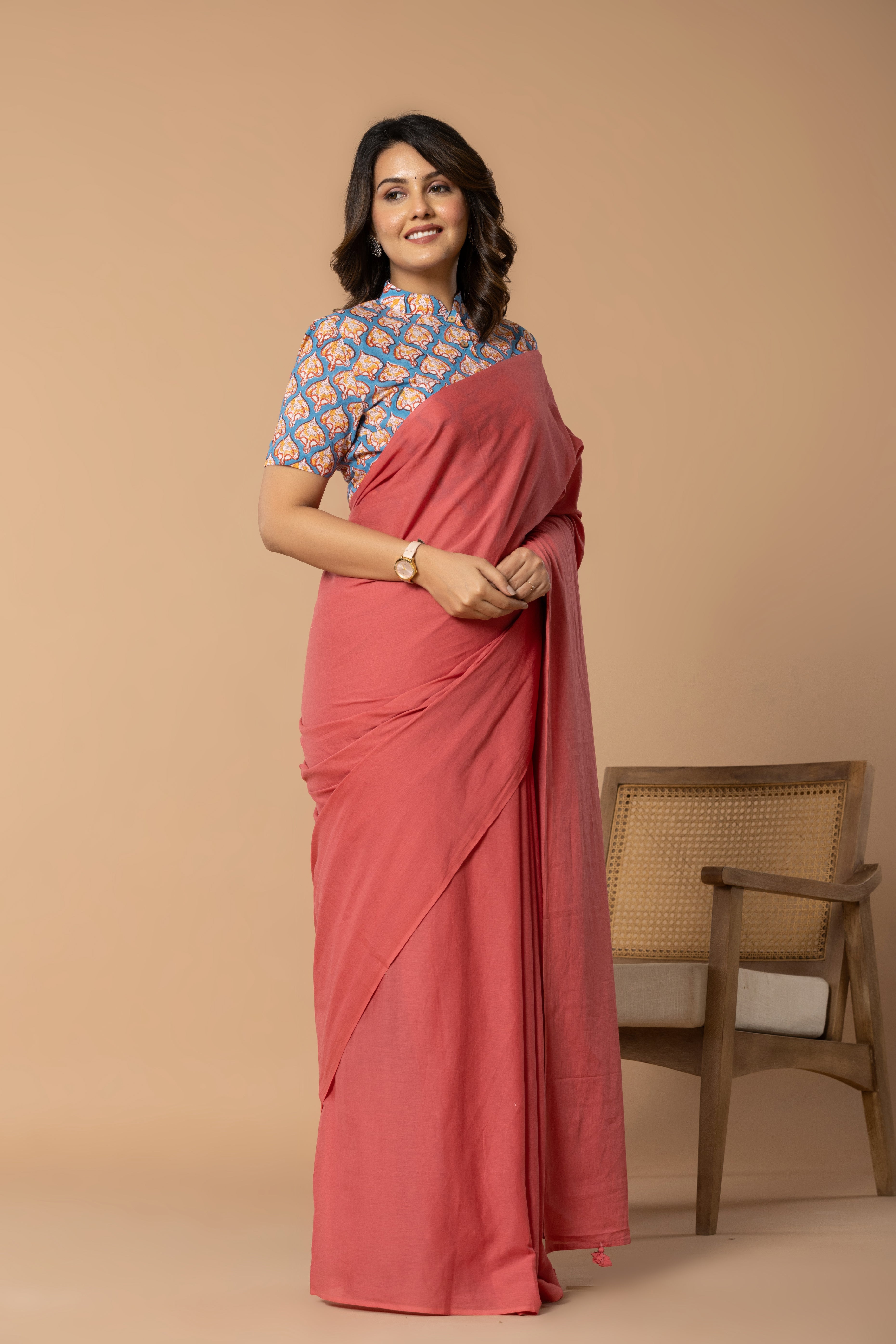 Coral Plain Dyed Mul Mul Cotton Saree with Tassels (without Blouse)