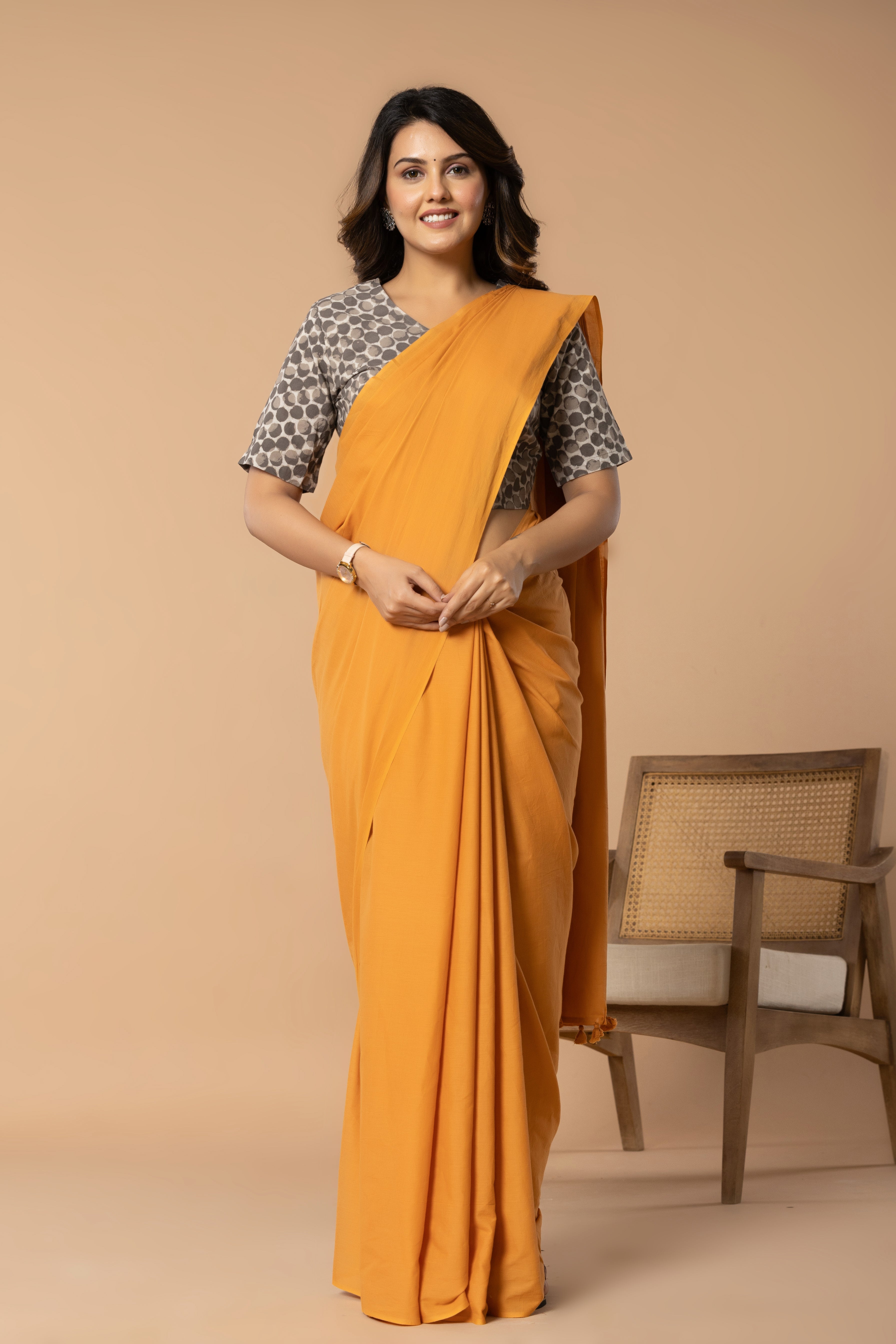 Sun Orange Plain Dyed Mul Mul Cotton Saree with Tassels (without Blouse)