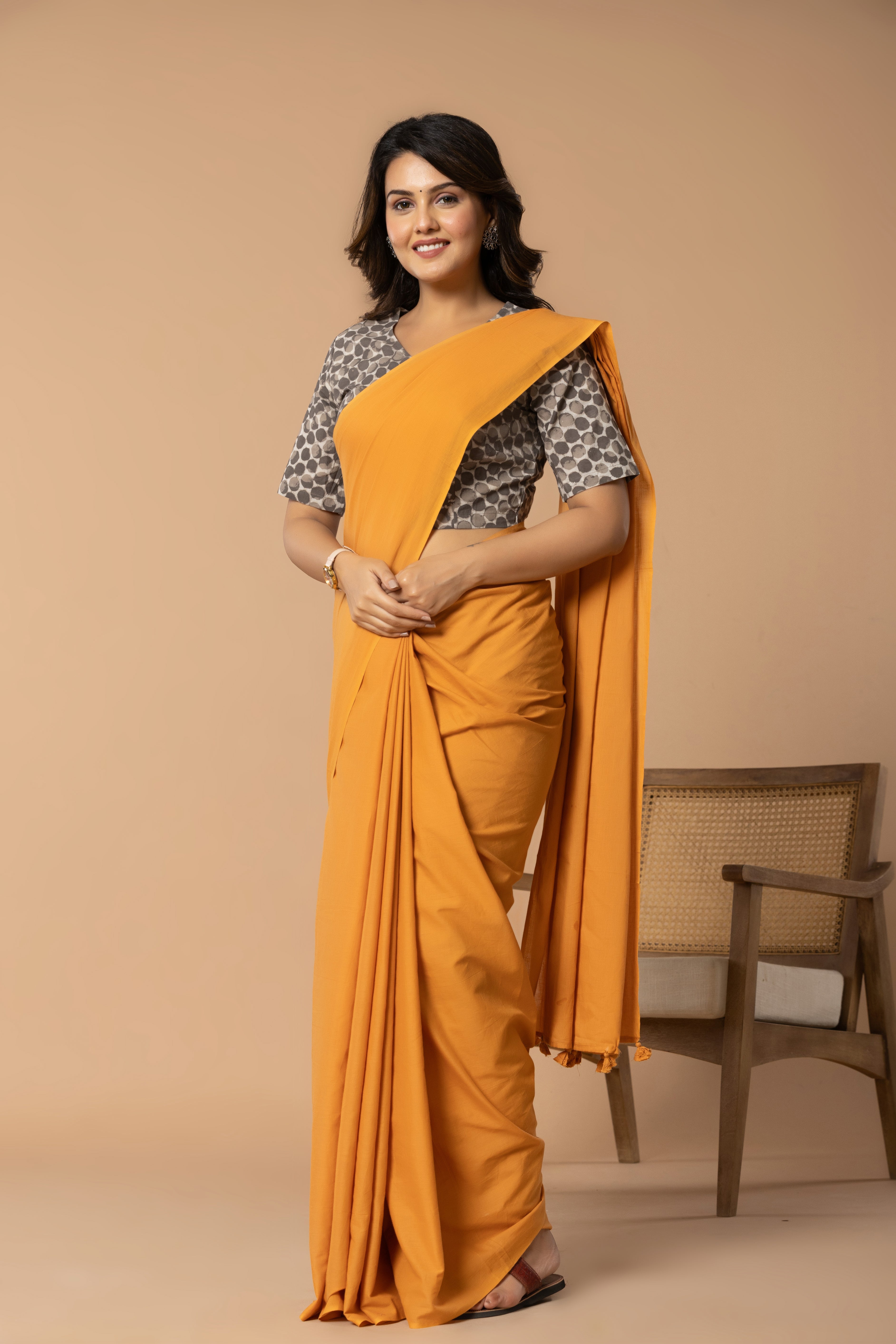 Sun Orange Plain Dyed Mul Mul Cotton Saree with Tassels (without Blouse)