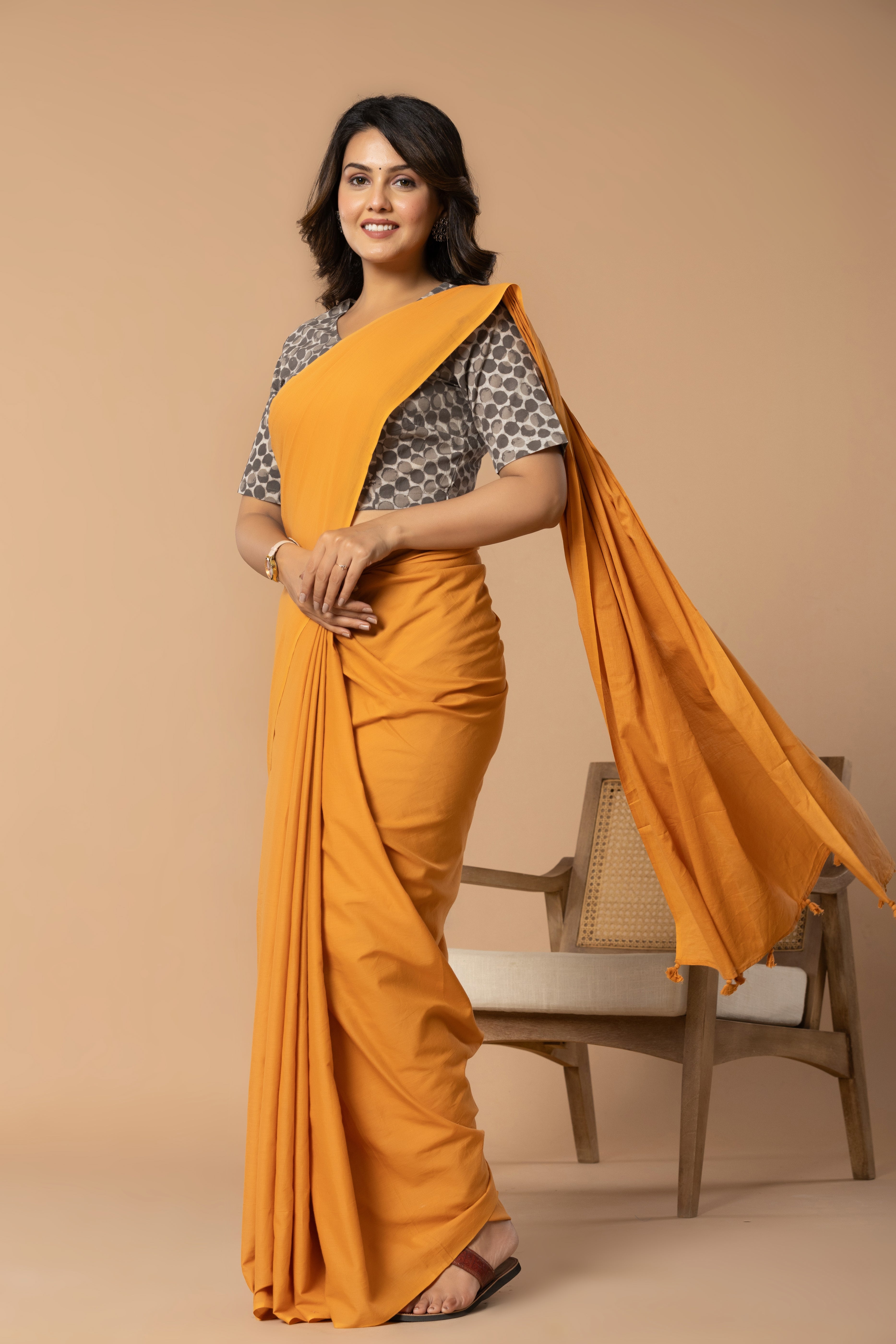 Sun Orange Plain Dyed Mul Mul Cotton Saree with Tassels (without Blouse)