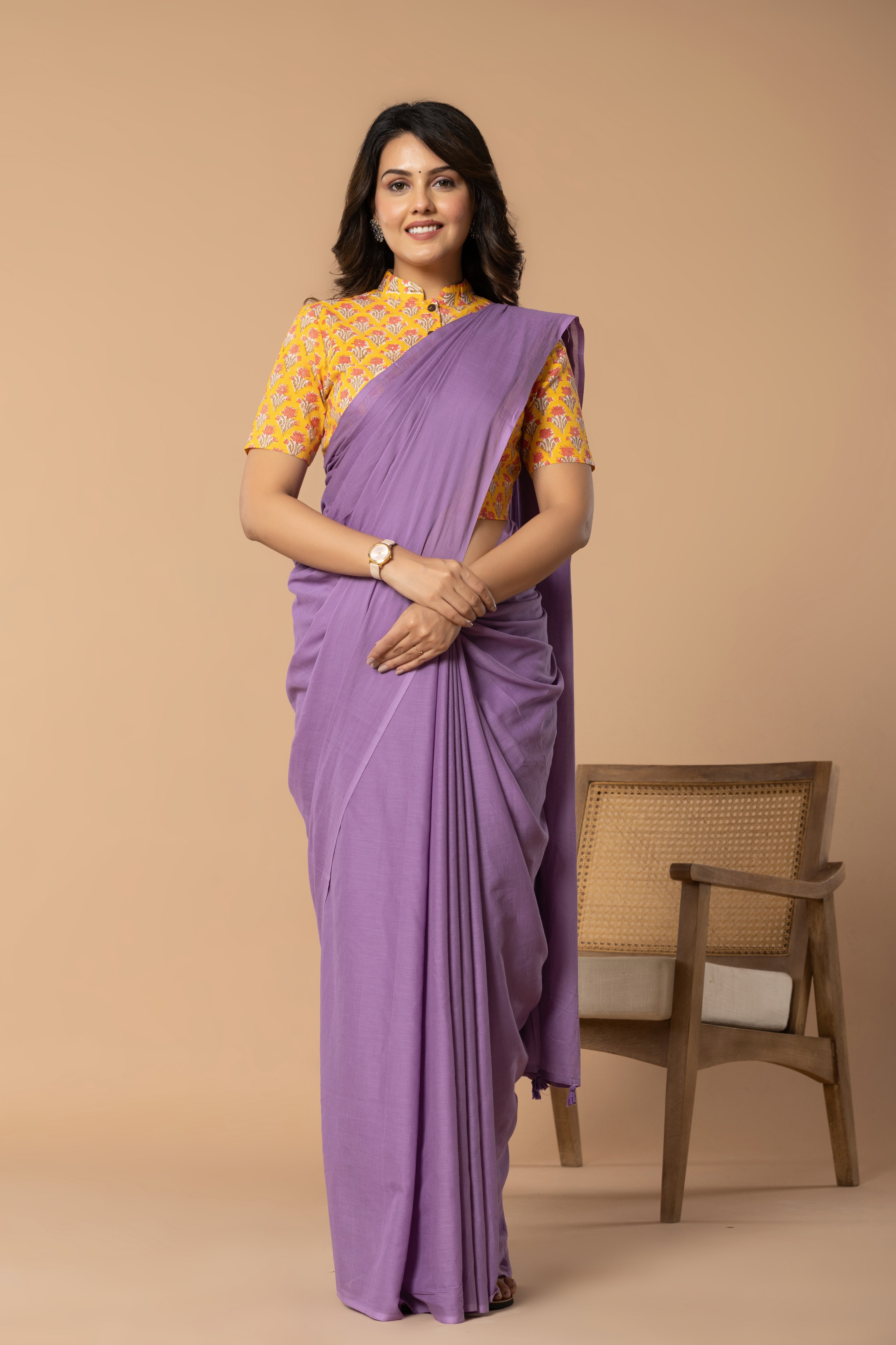 Lilac Purple Plain Dyed Mul Mul Cotton Saree with Tassels (without Blouse)