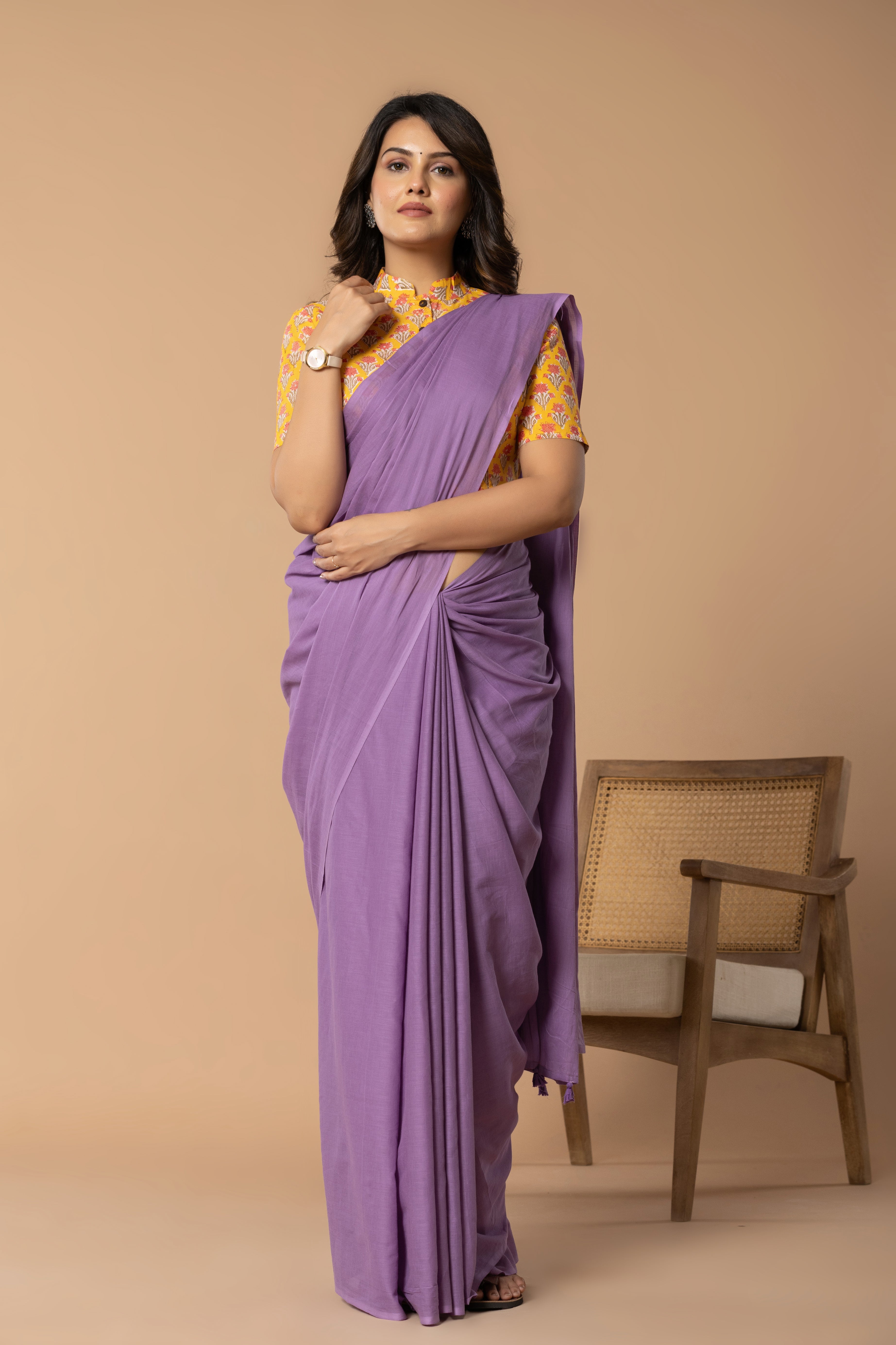 Lilac Purple Plain Dyed Mul Mul Cotton Saree with Tassels (without Blouse)