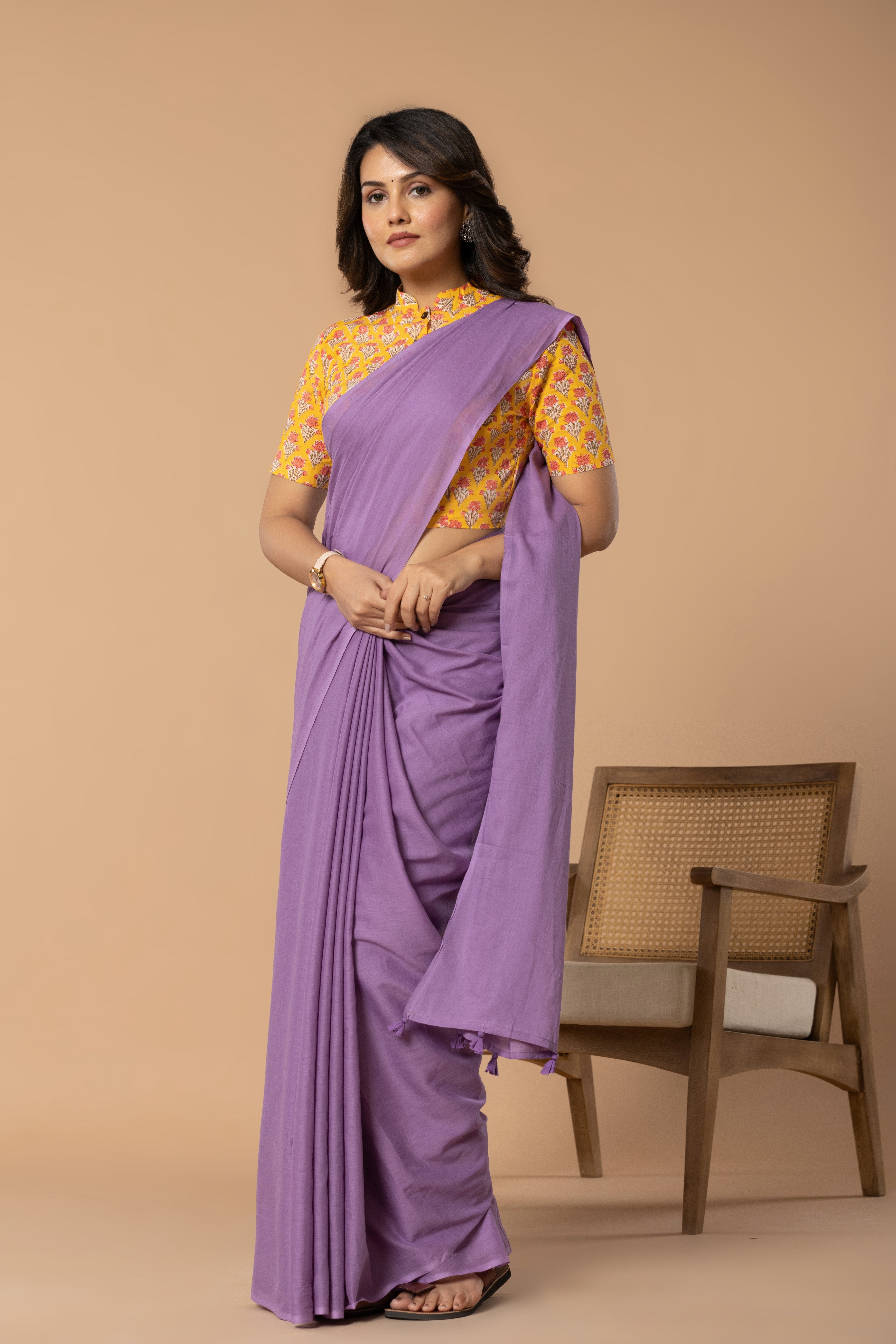 Lilac Purple Plain Dyed Mul Mul Cotton Saree with Tassels (without Blouse)