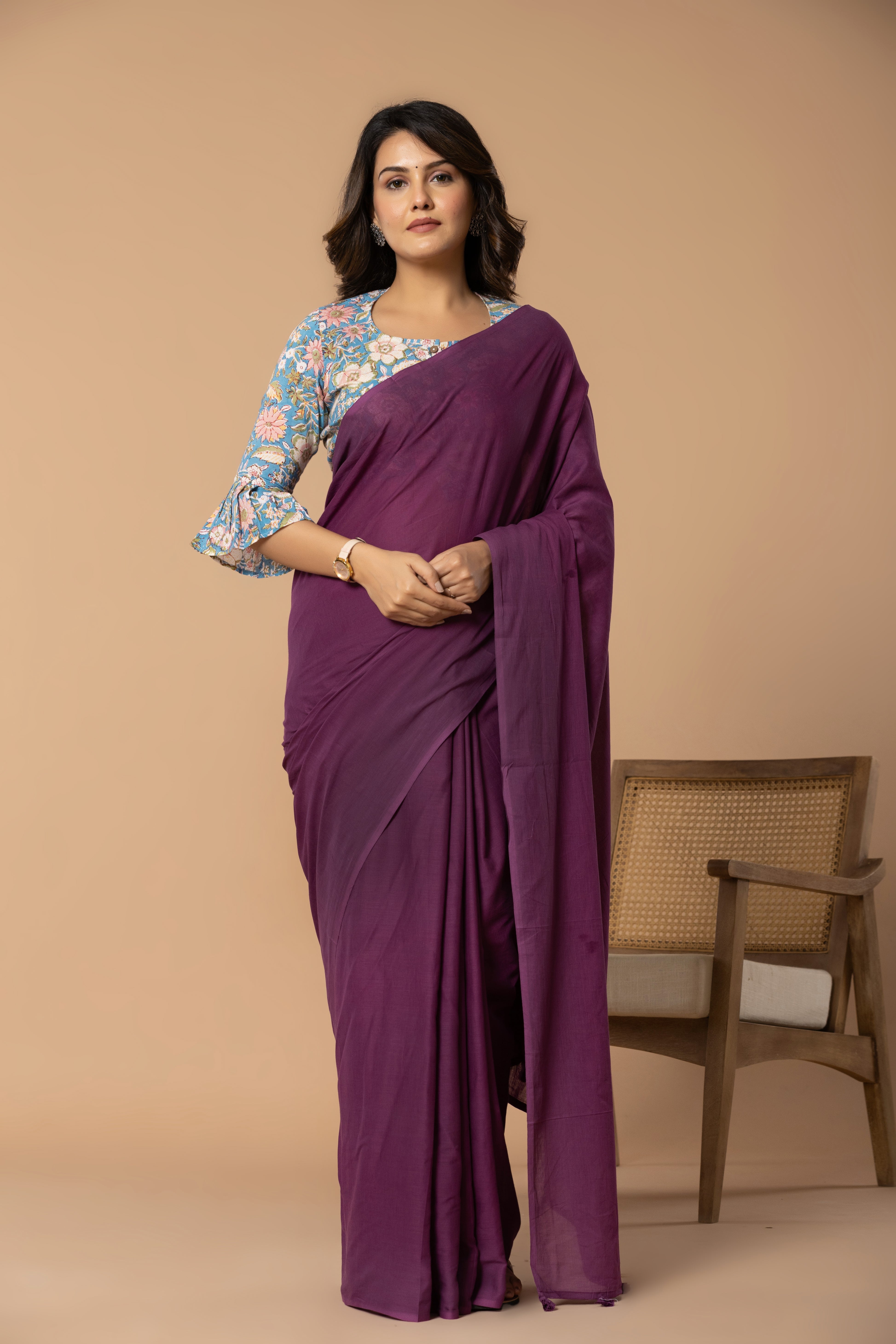 Mulberry Purple Plain Dyed Mul Mul Cotton Saree with Tassels (without Blouse)