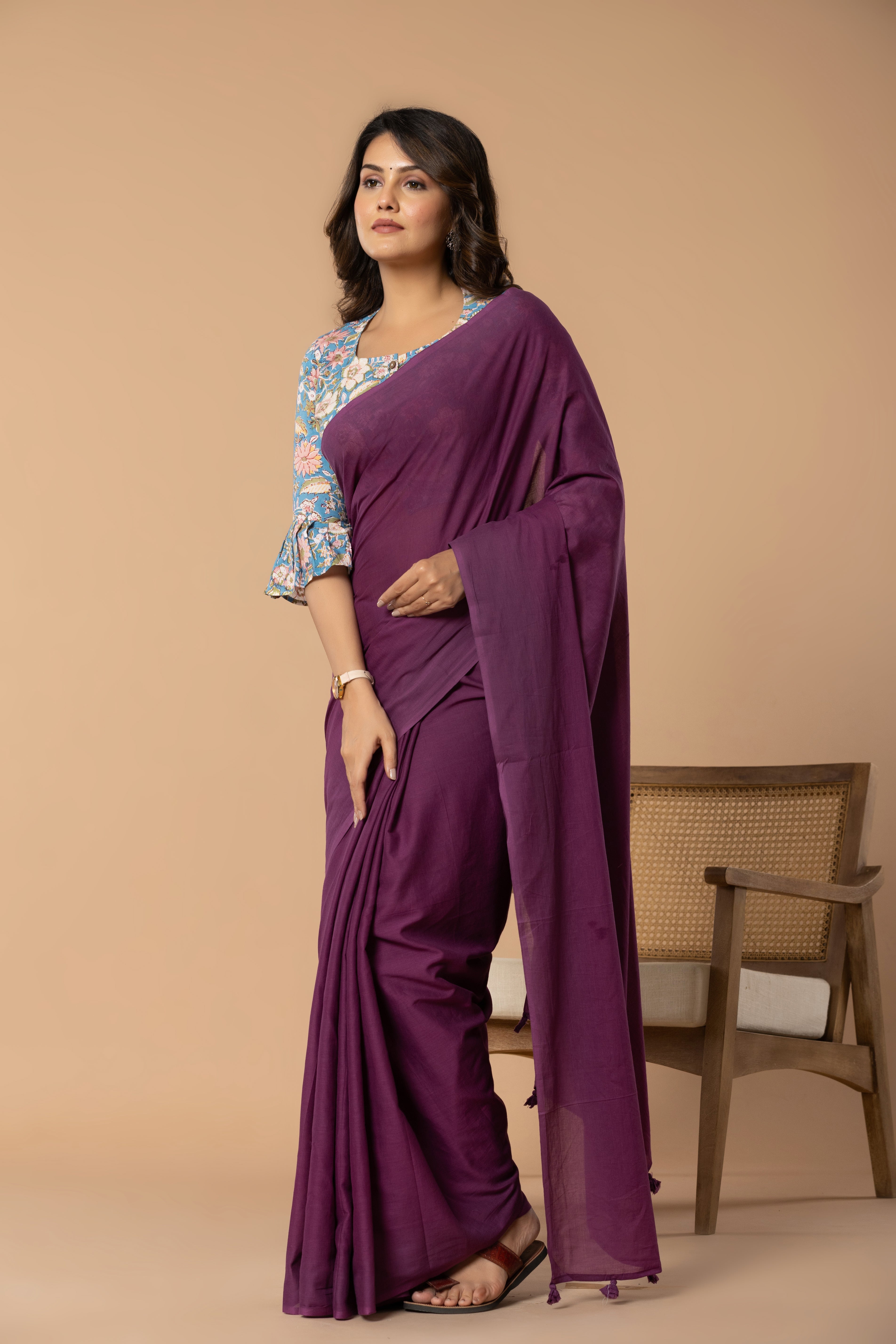 Mulberry Purple Plain Dyed Mul Mul Cotton Saree with Tassels (without Blouse)