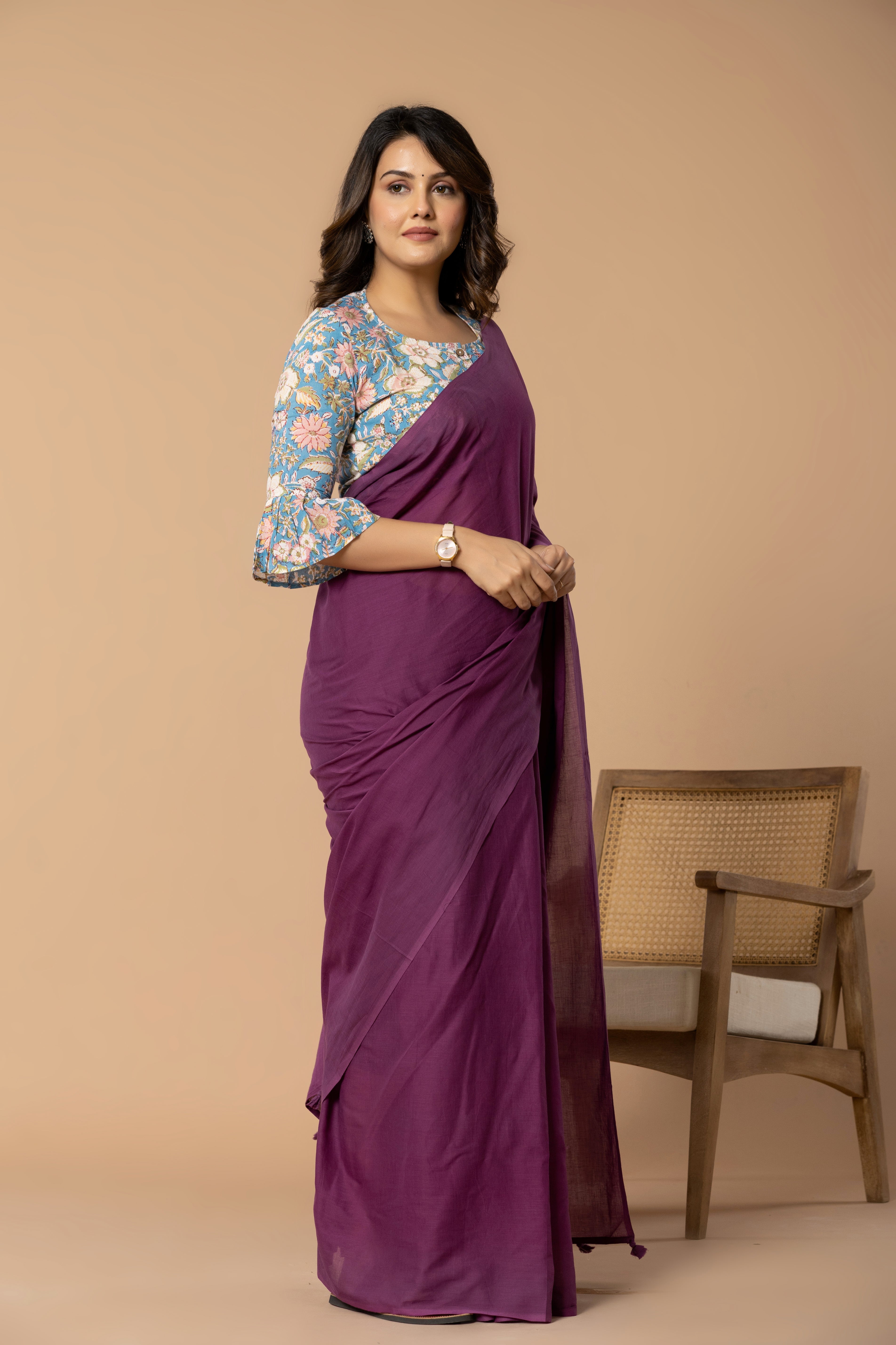 Mulberry Purple Plain Dyed Mul Mul Cotton Saree with Tassels (without Blouse)