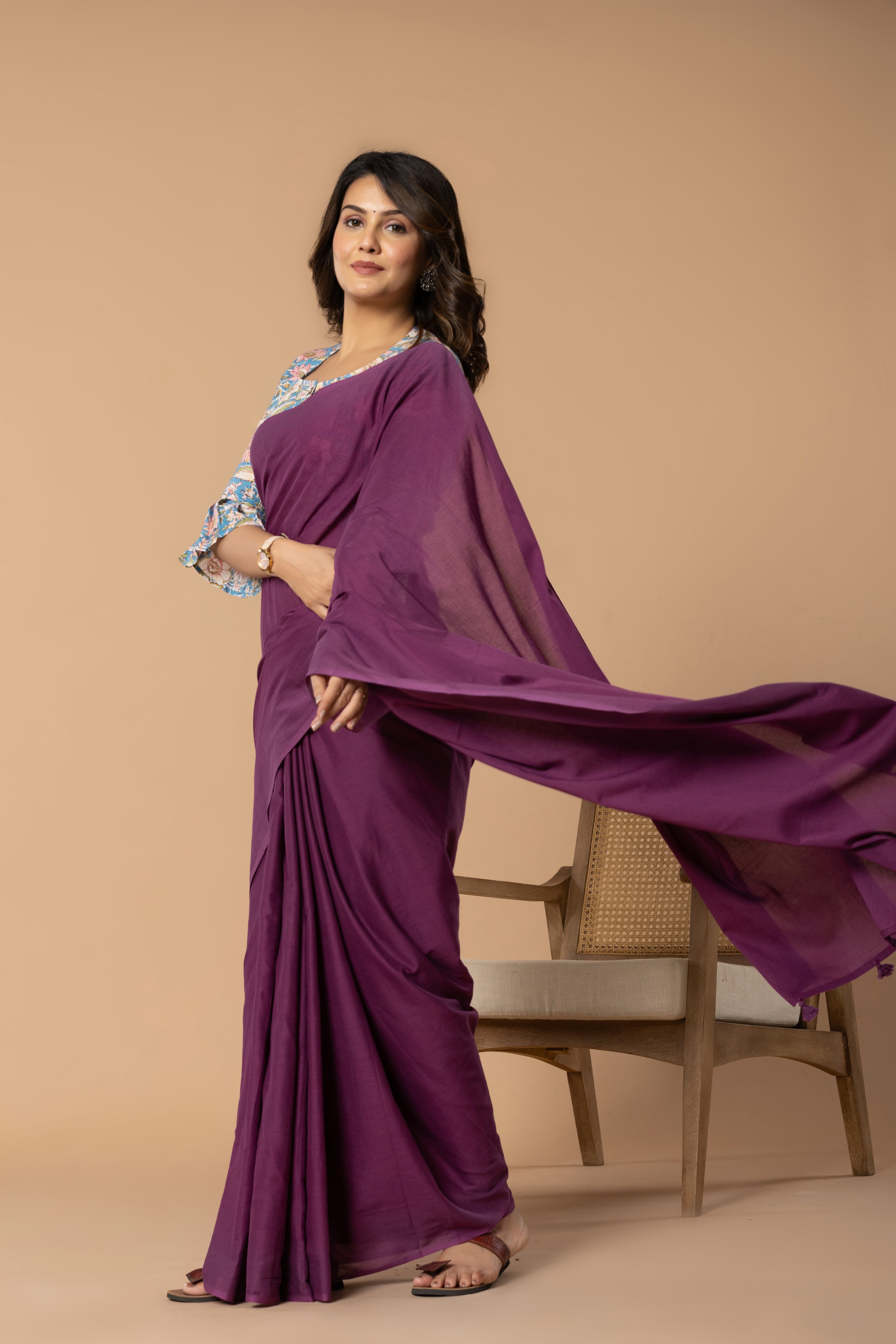 Mulberry Purple Plain Dyed Mul Mul Cotton Saree with Tassels (without Blouse)