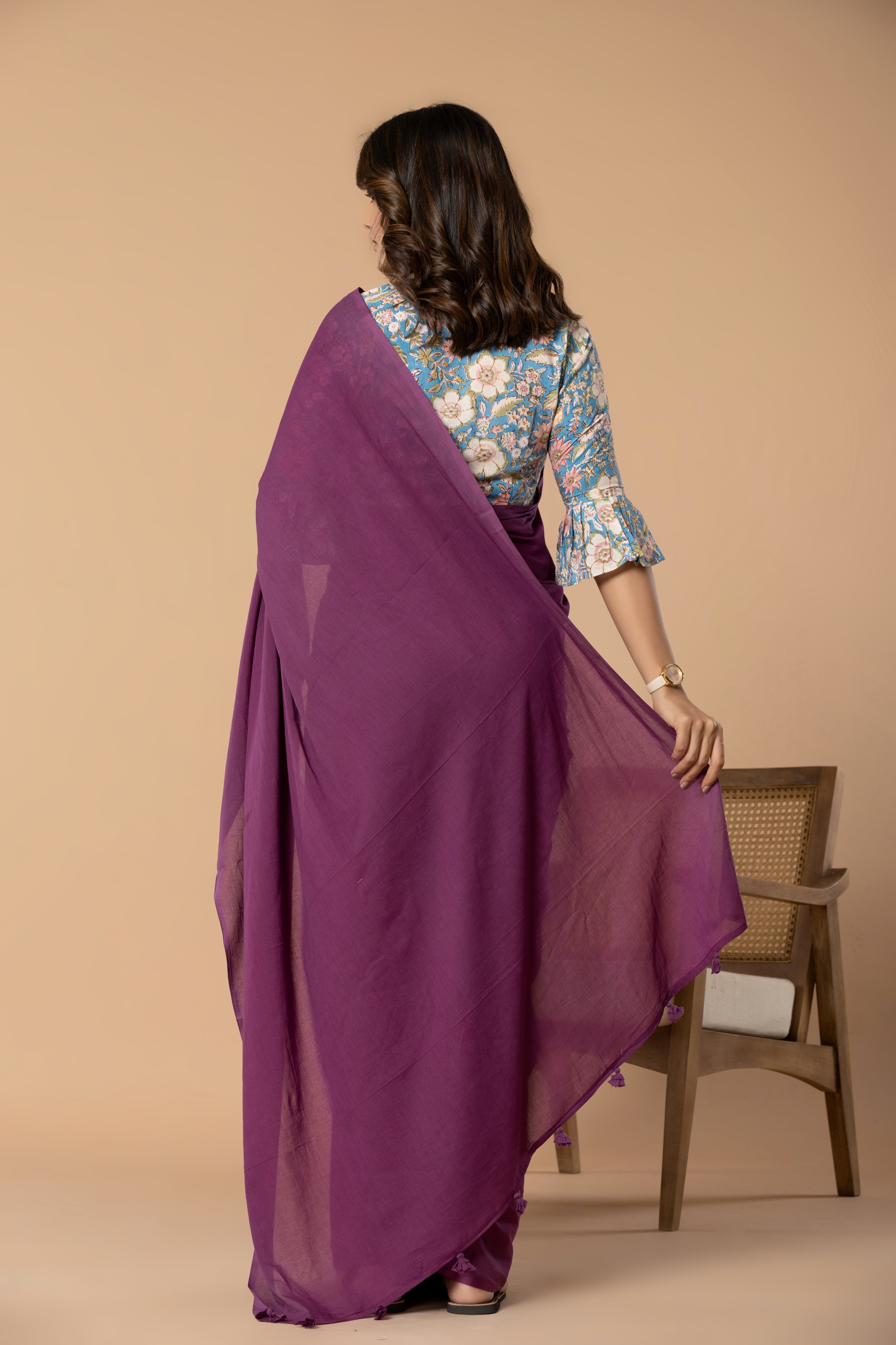 Mulberry Purple Plain Dyed Mul Mul Cotton Saree with Tassels (without Blouse)