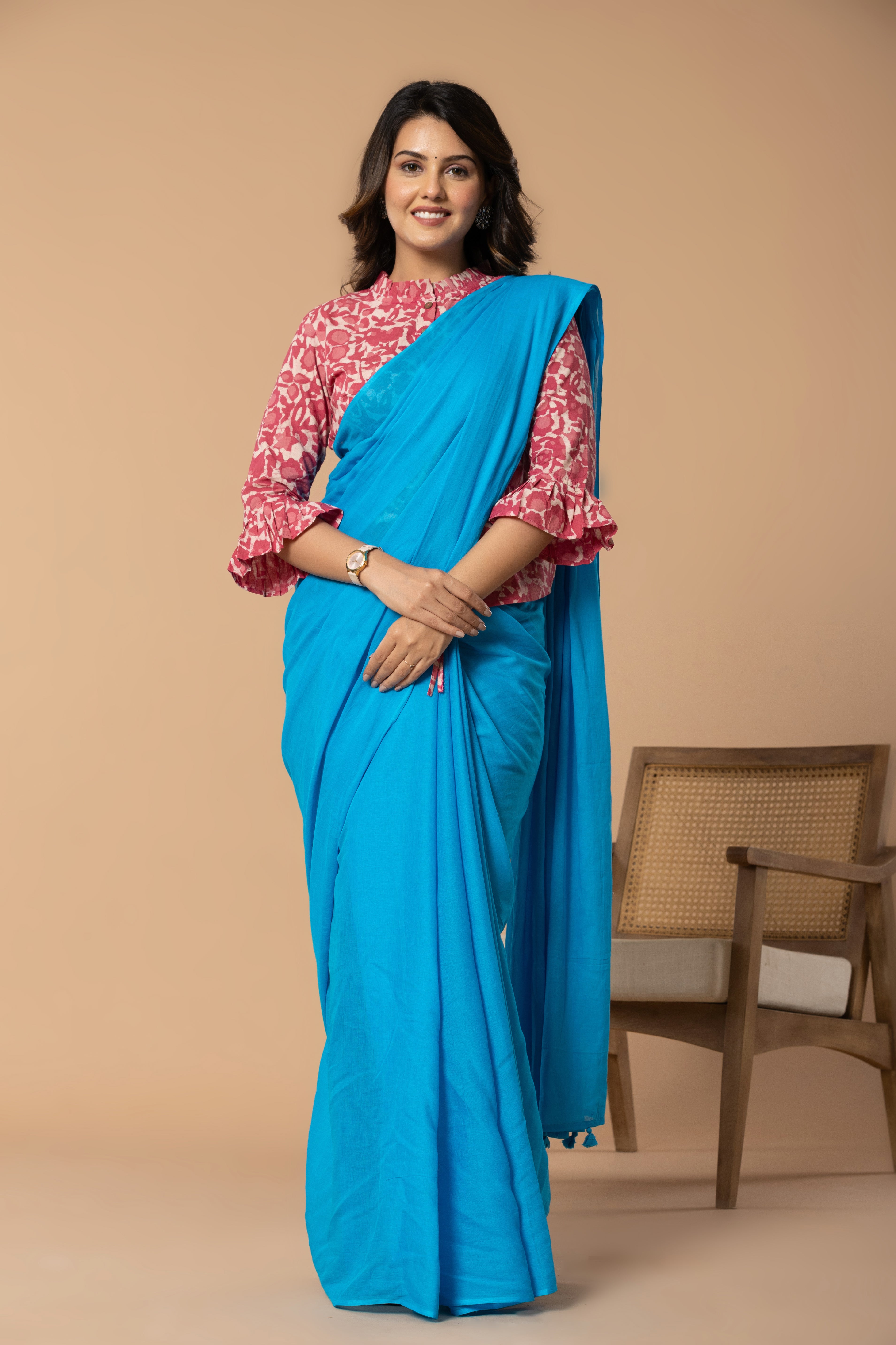 Sky Blue Plain Dyed Mul Mul Cotton Saree with Tassels (without Blouse)