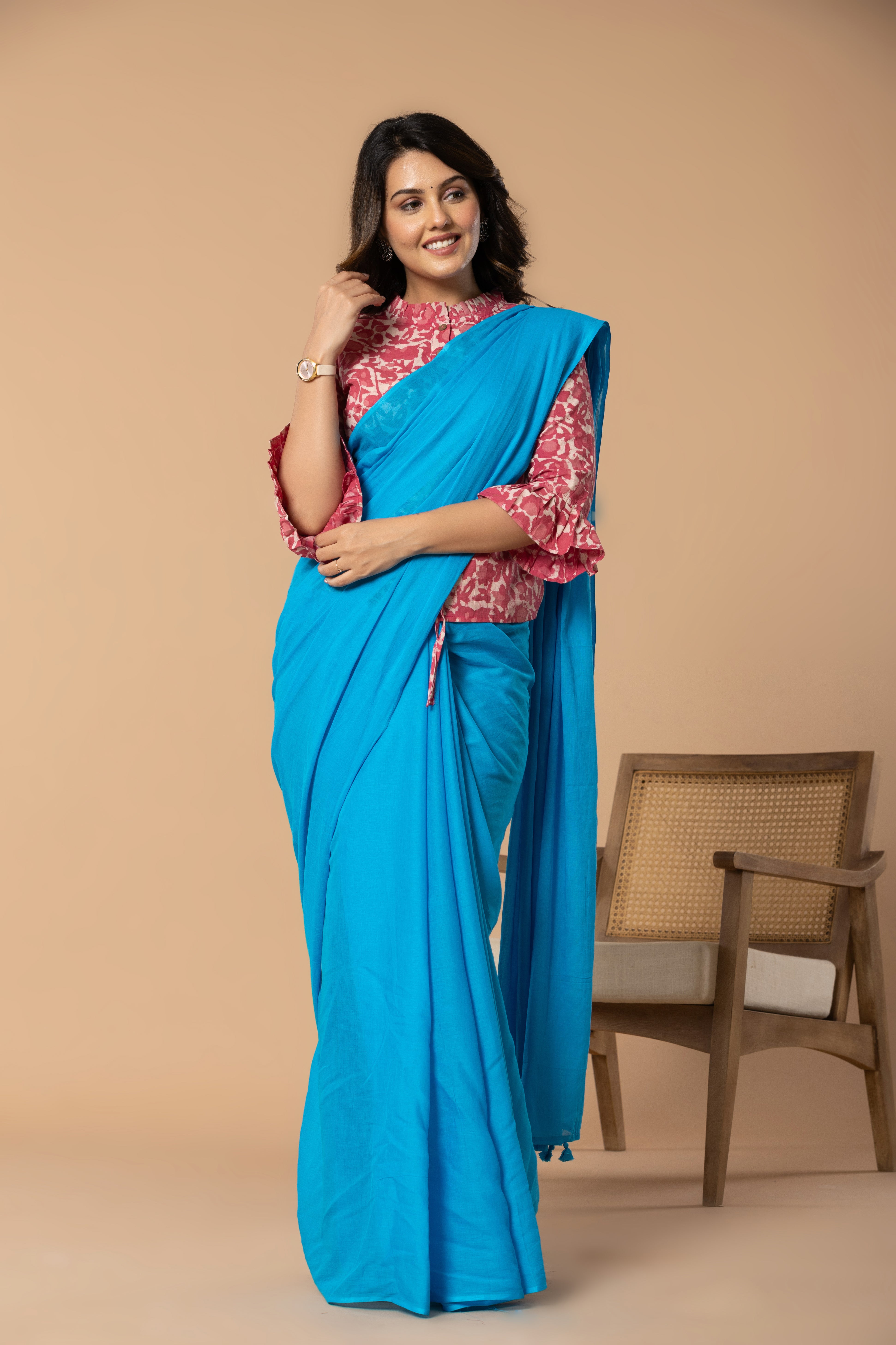 Sky Blue Plain Dyed Mul Mul Cotton Saree with Tassels (without Blouse)