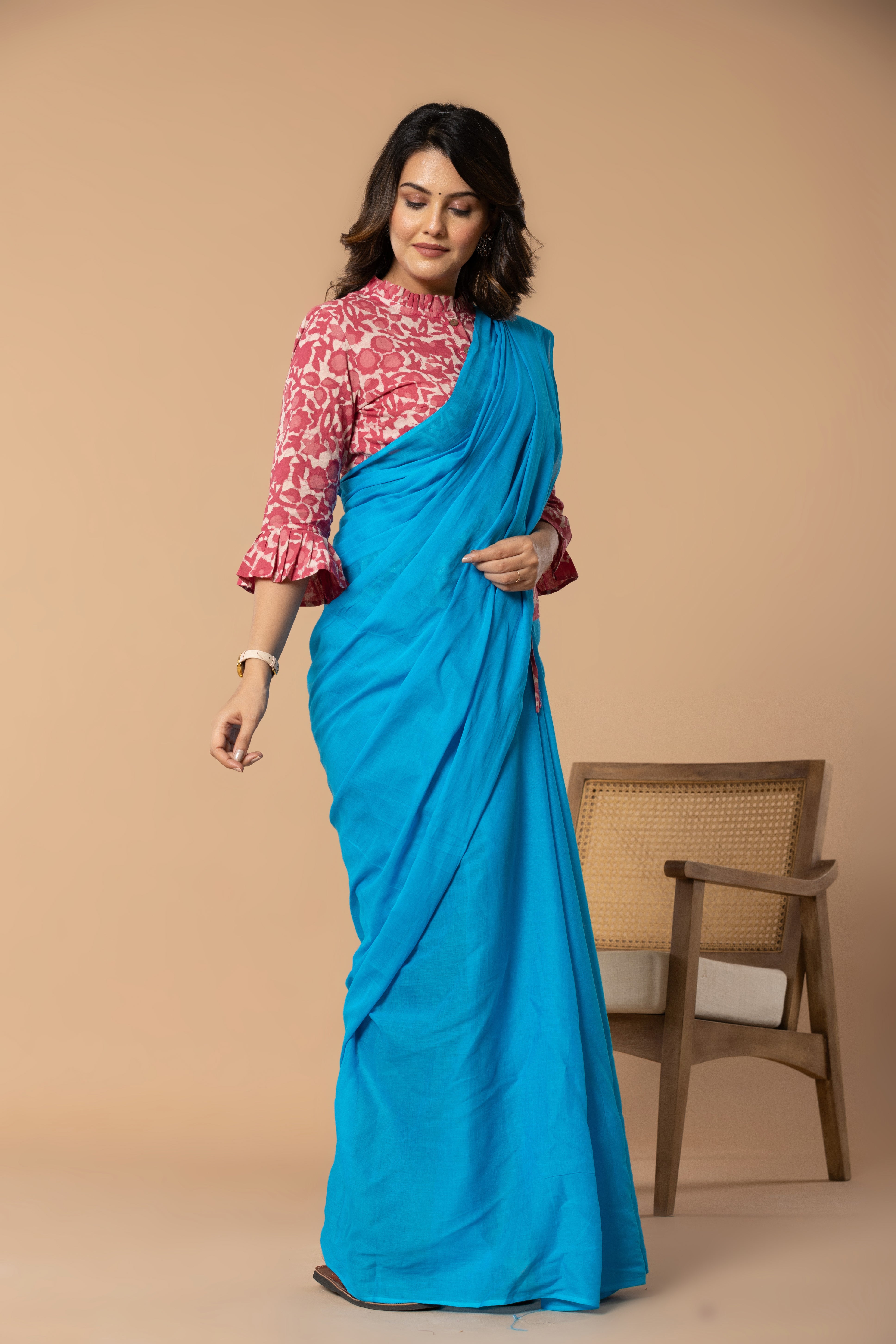 Sky Blue Plain Dyed Mul Mul Cotton Saree with Tassels (without Blouse)