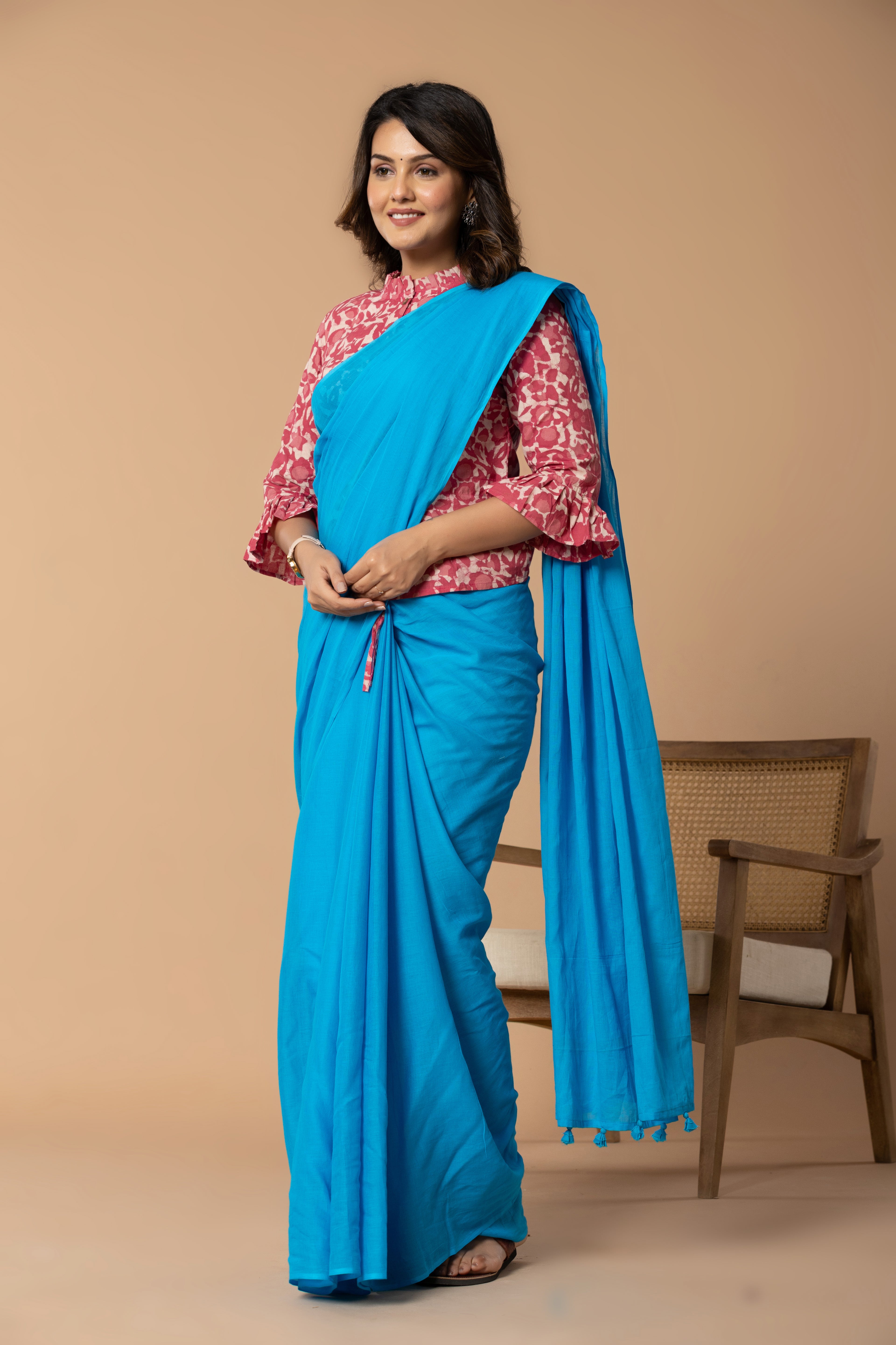 Sky Blue Plain Dyed Mul Mul Cotton Saree with Tassels (without Blouse)