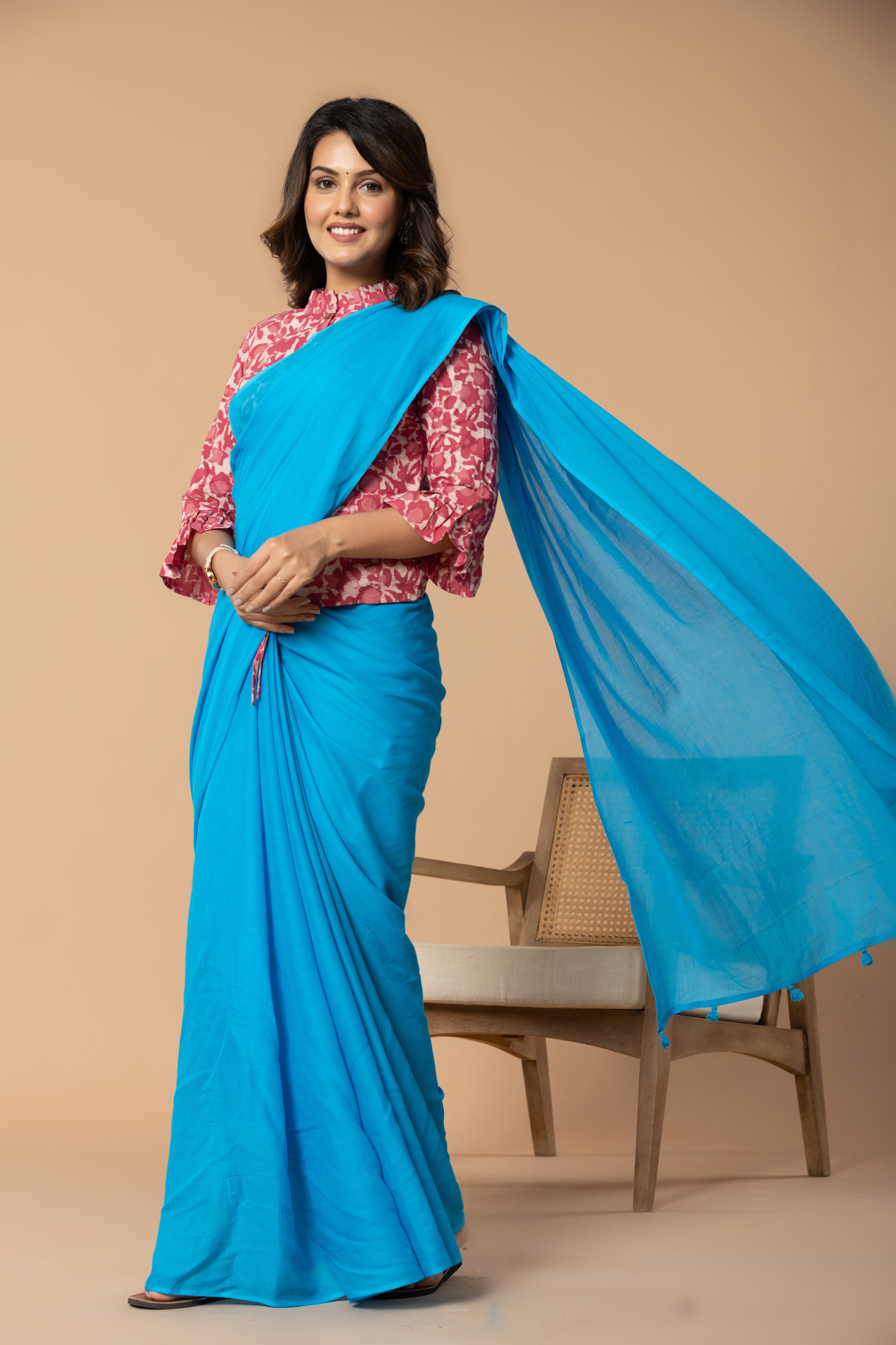 Sky Blue Plain Dyed Mul Mul Cotton Saree with Tassels (without Blouse)