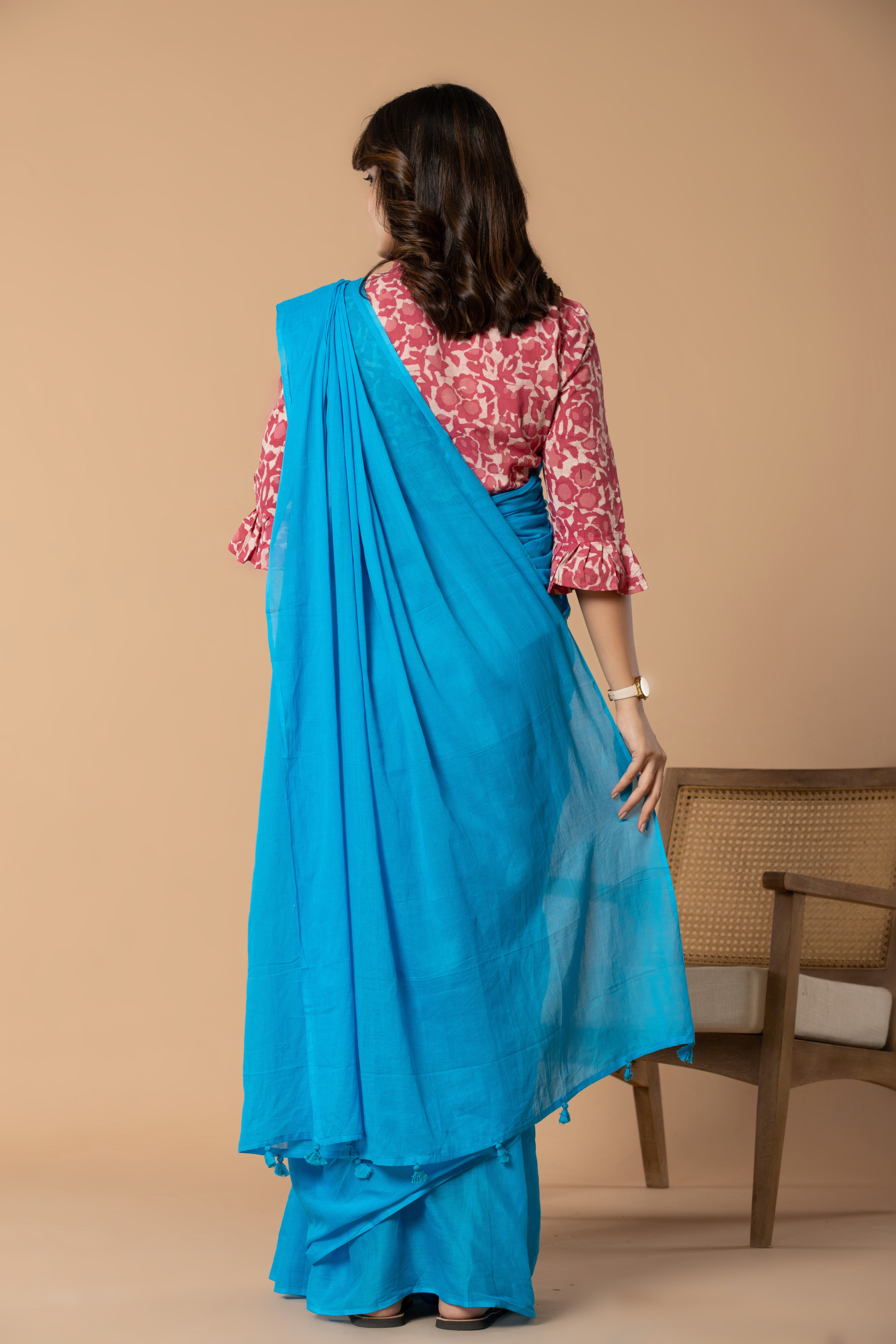 Sky Blue Plain Dyed Mul Mul Cotton Saree with Tassels (without Blouse)