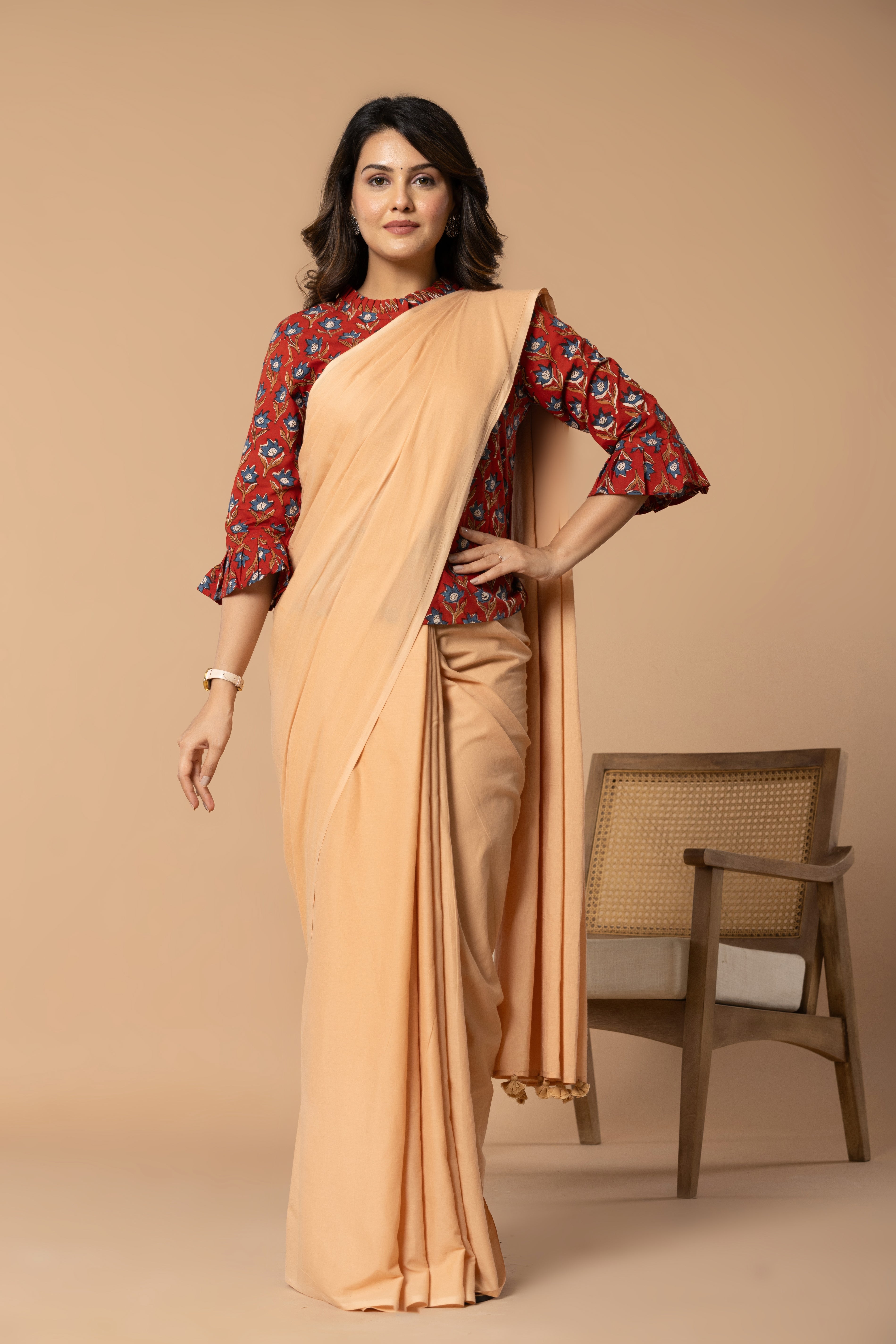 Desert Sand Beige Plain Dyed Mul Mul Cotton Saree with Tassels (without Blouse)