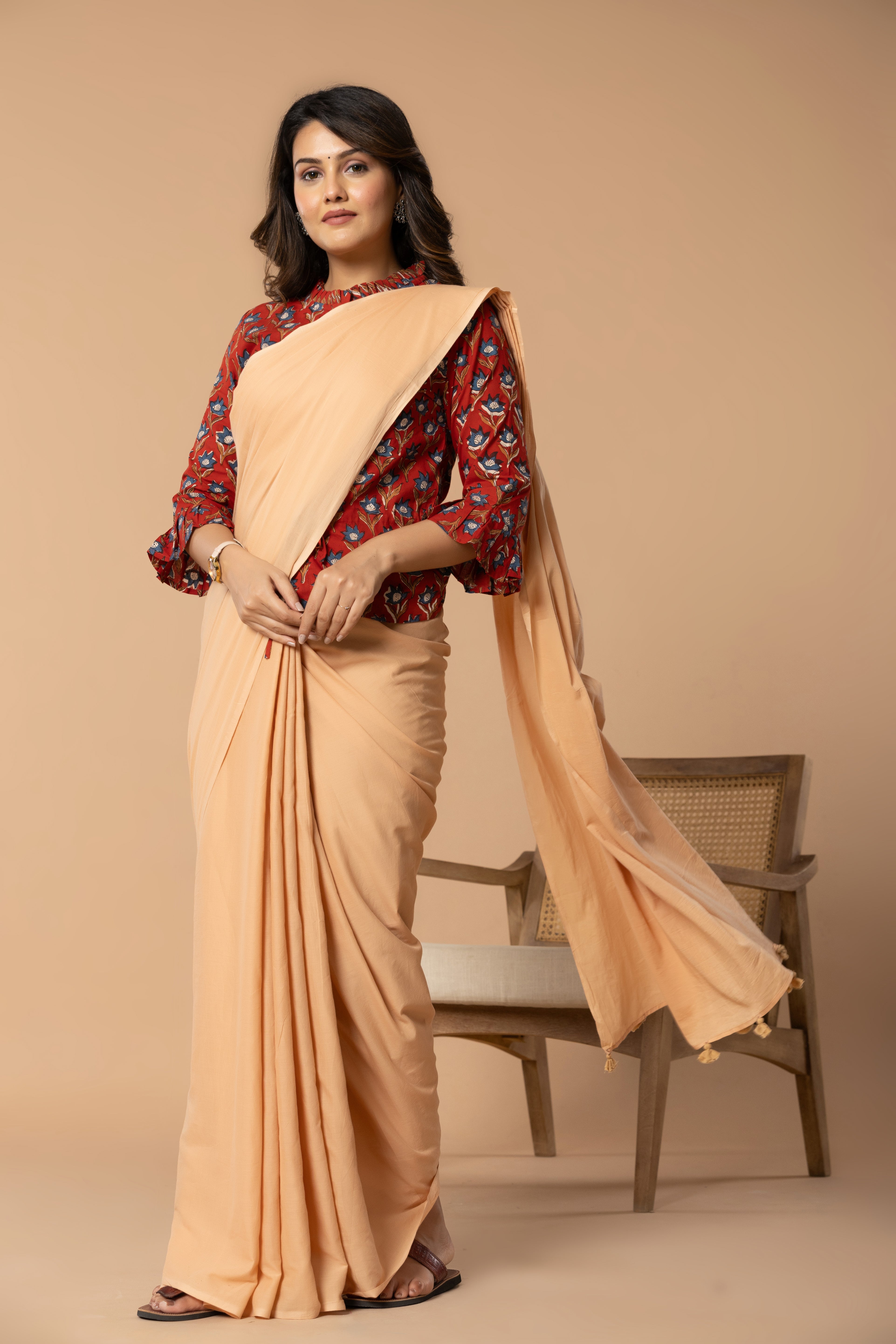 Desert Sand Beige Plain Dyed Mul Mul Cotton Saree with Tassels (without Blouse)