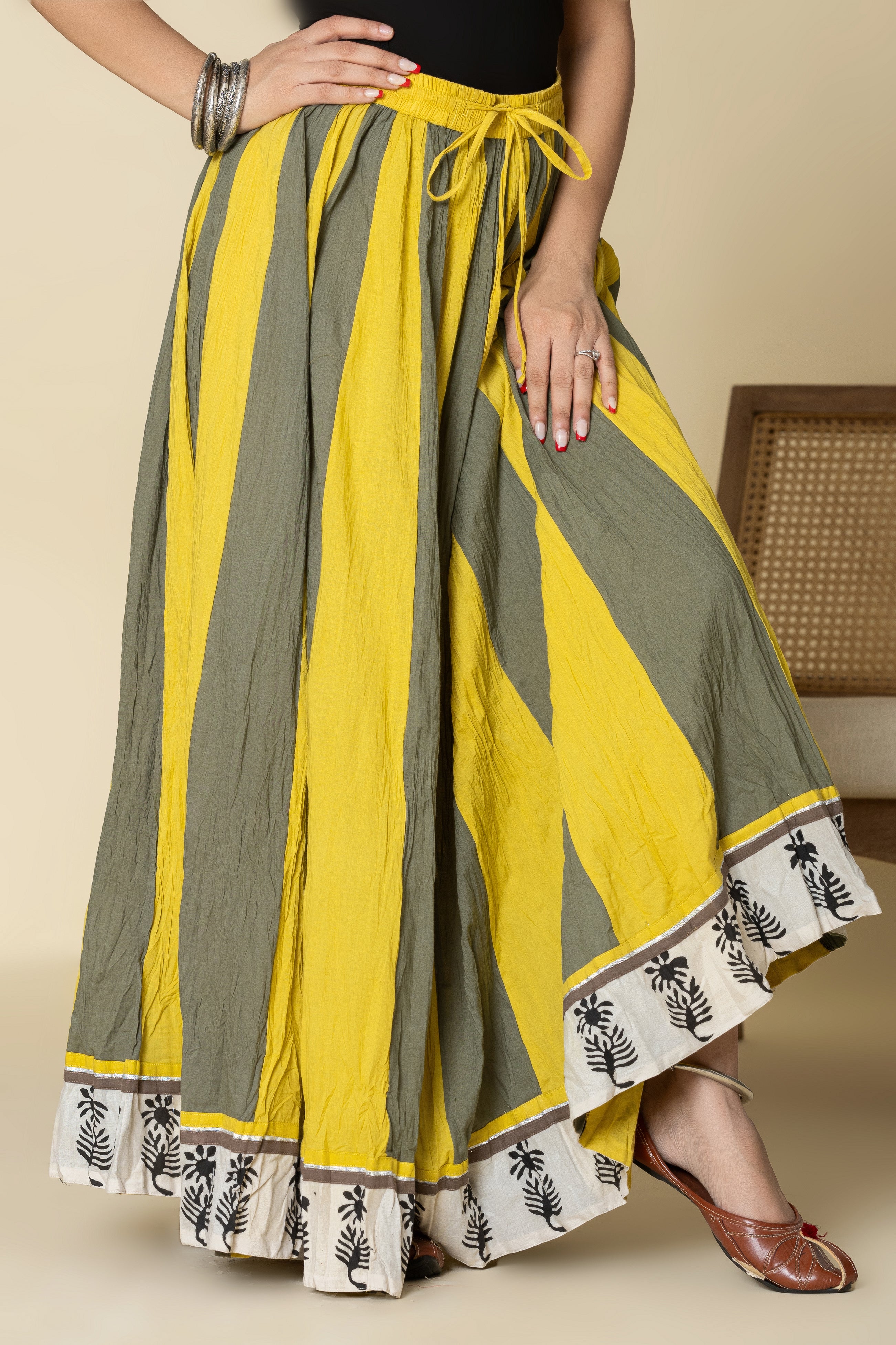 Nimbu Mirchi Crinkled Cotton 28 Kali Kalidaar Skirt