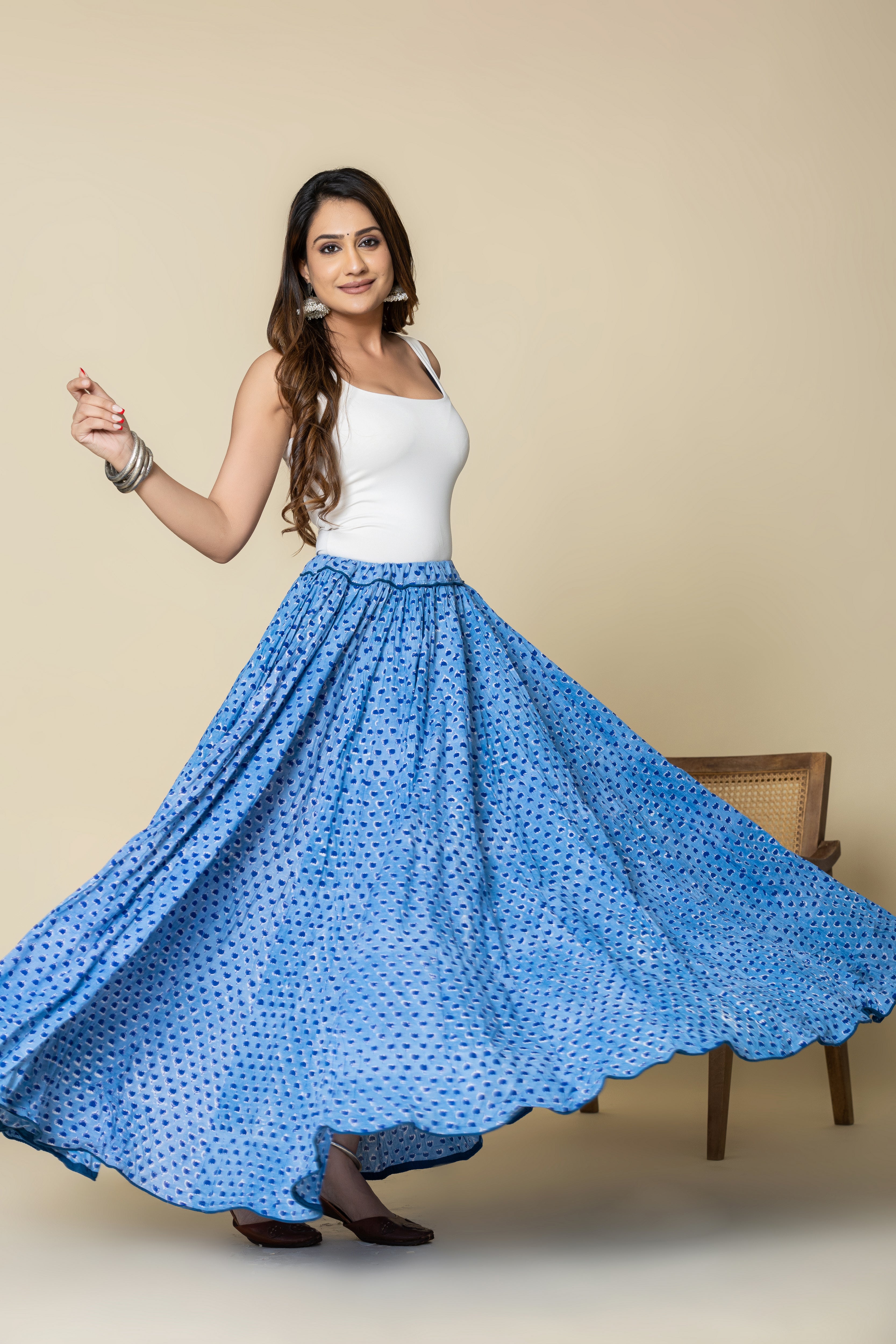 Sky Blue Booti Hand Block Printed Crinkled Cotton Cambric 48 Kali Kalidaar Skirt