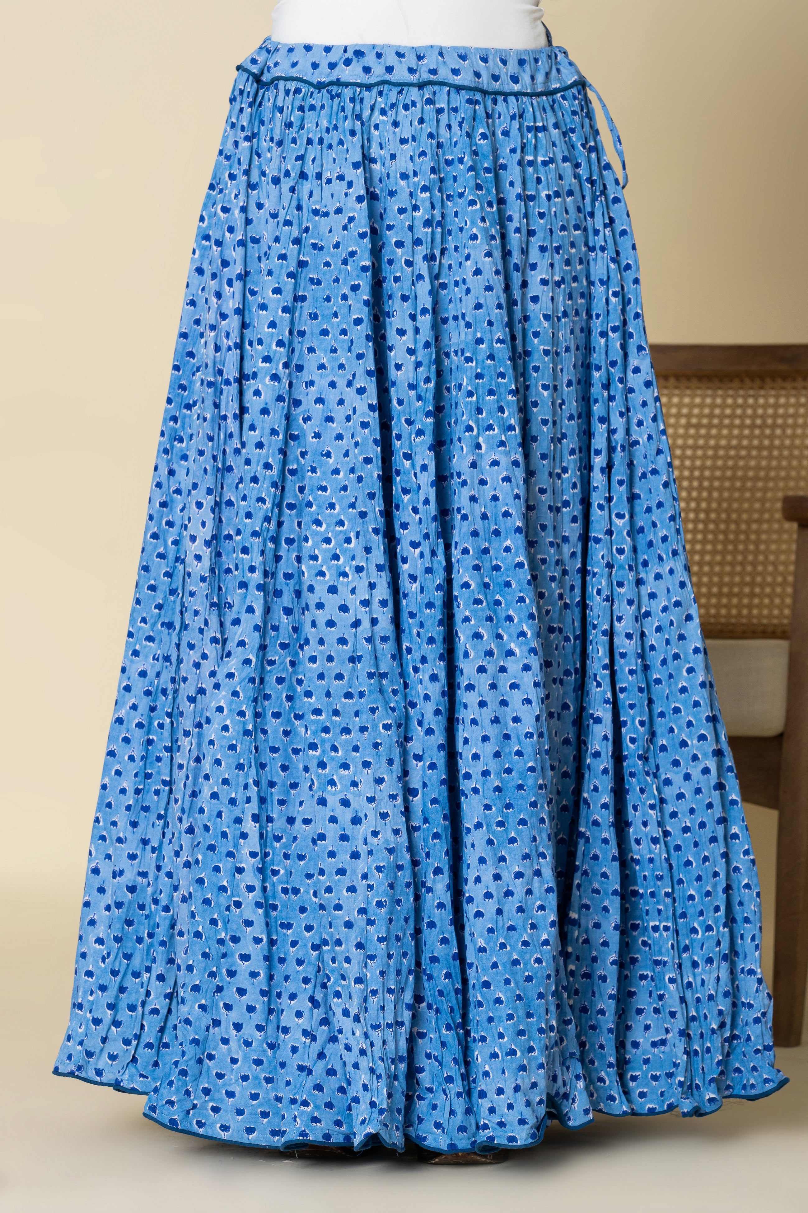 Sky Blue Booti Hand Block Printed Crinkled Cotton Cambric 48 Kali Kalidaar Skirt