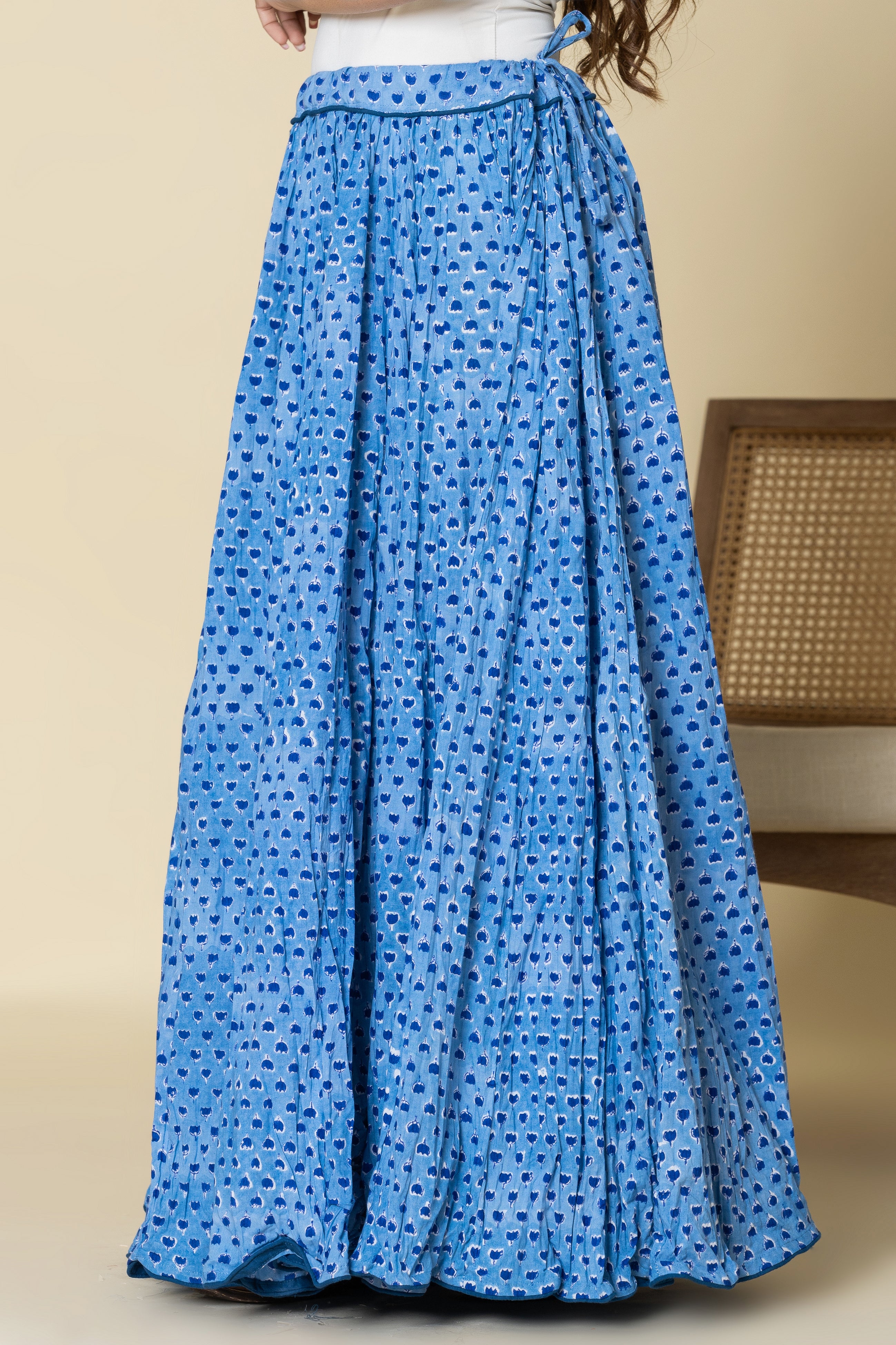 Sky Blue Booti Hand Block Printed Crinkled Cotton Cambric 48 Kali Kalidaar Skirt