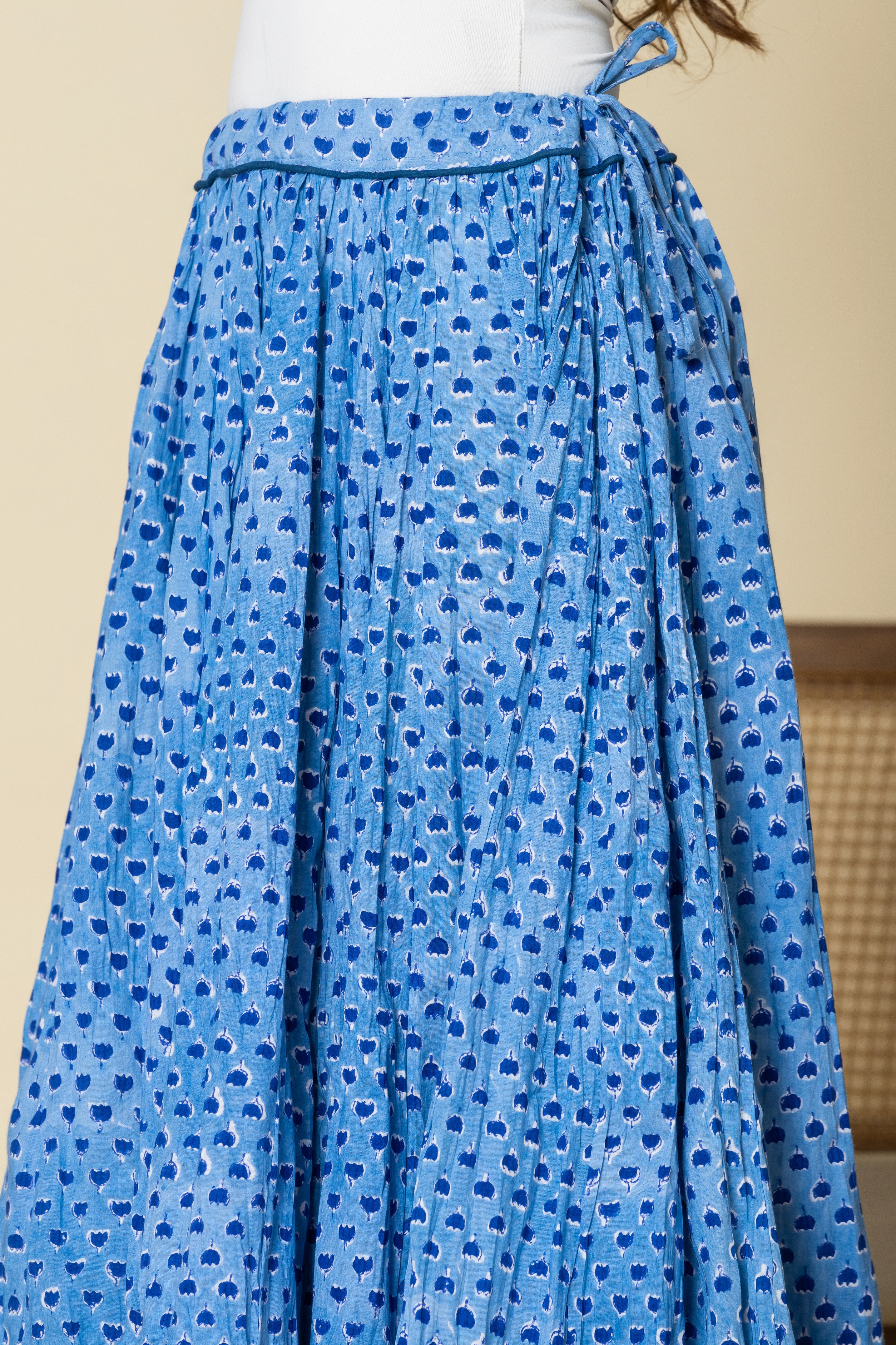 Sky Blue Booti Hand Block Printed Crinkled Cotton Cambric 48 Kali Kalidaar Skirt