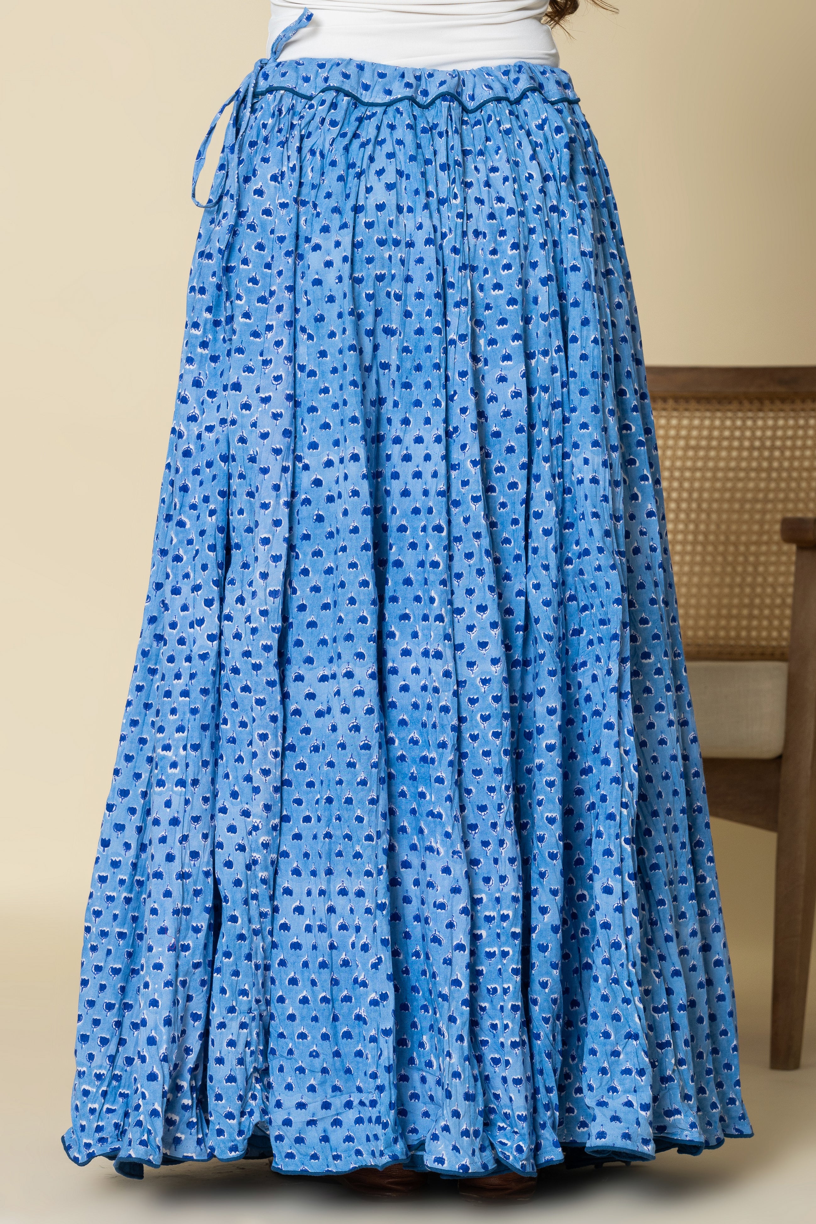 Sky Blue Booti Hand Block Printed Crinkled Cotton Cambric 48 Kali Kalidaar Skirt