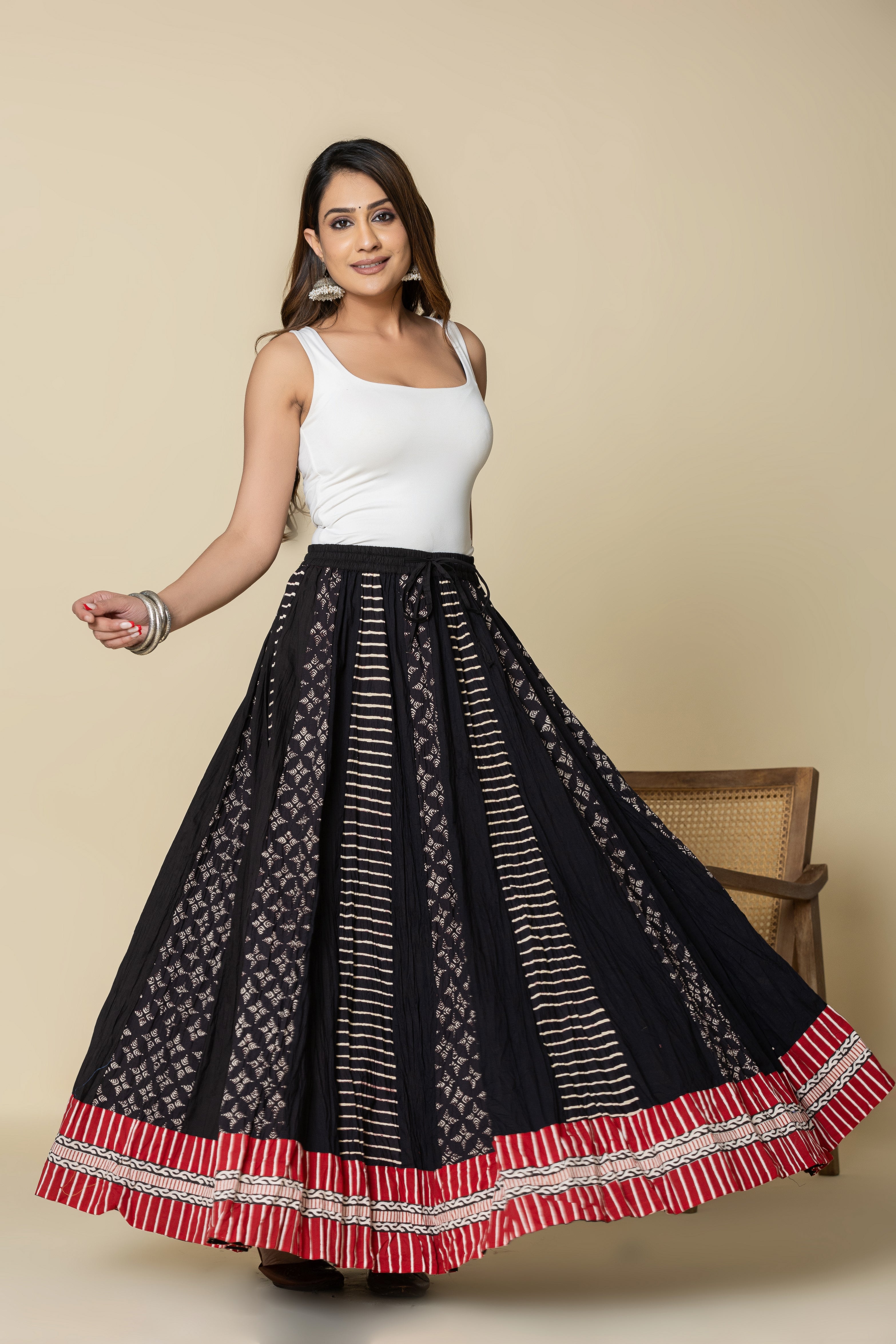 Kalbelia Black Crinkled Cotton 28 Kali Kalidaar Skirt